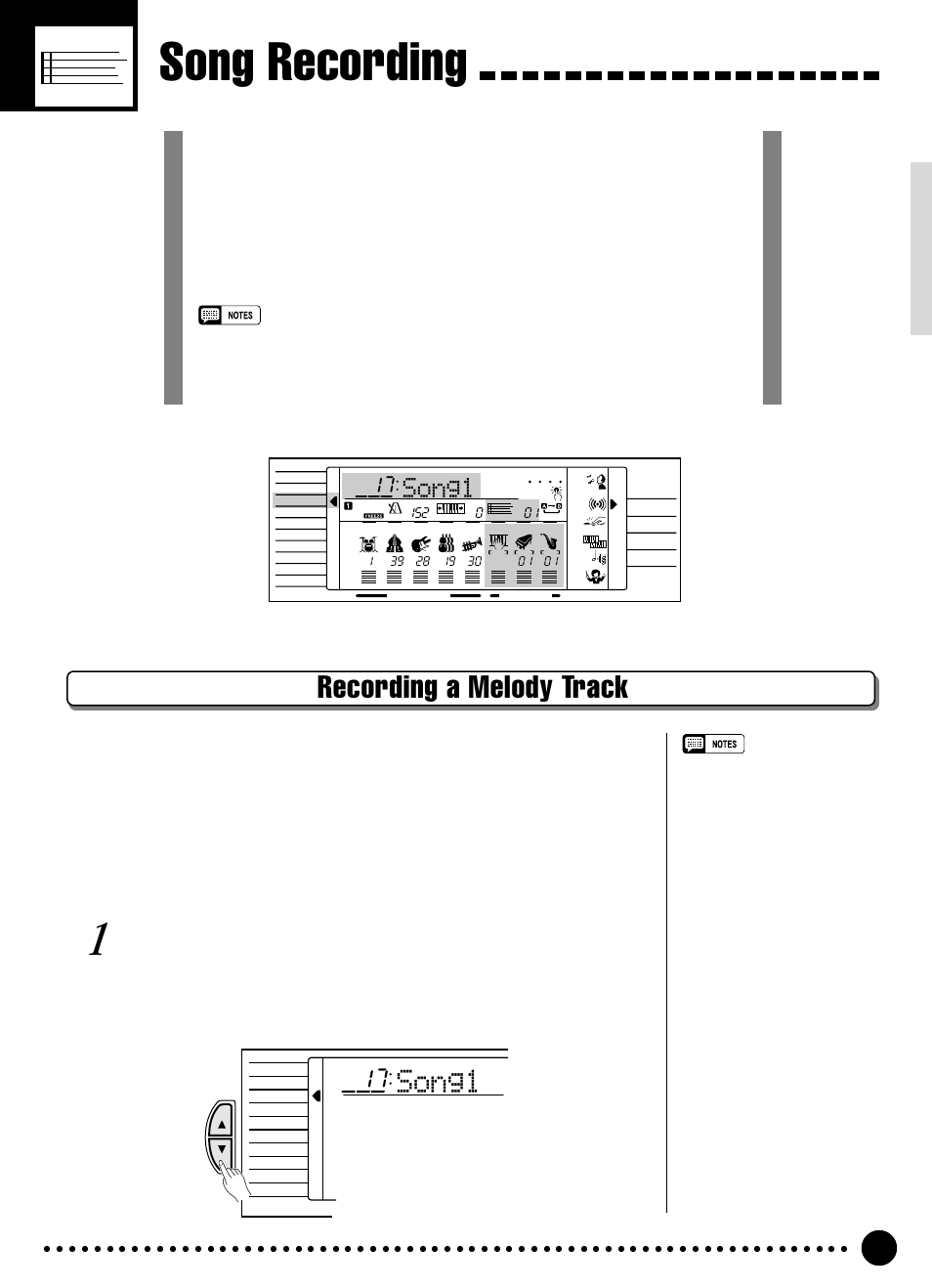 Song recording, Recording a melody track, Song1 | Select a song number | Yamaha PSR-320 User Manual | Page 36 / 73