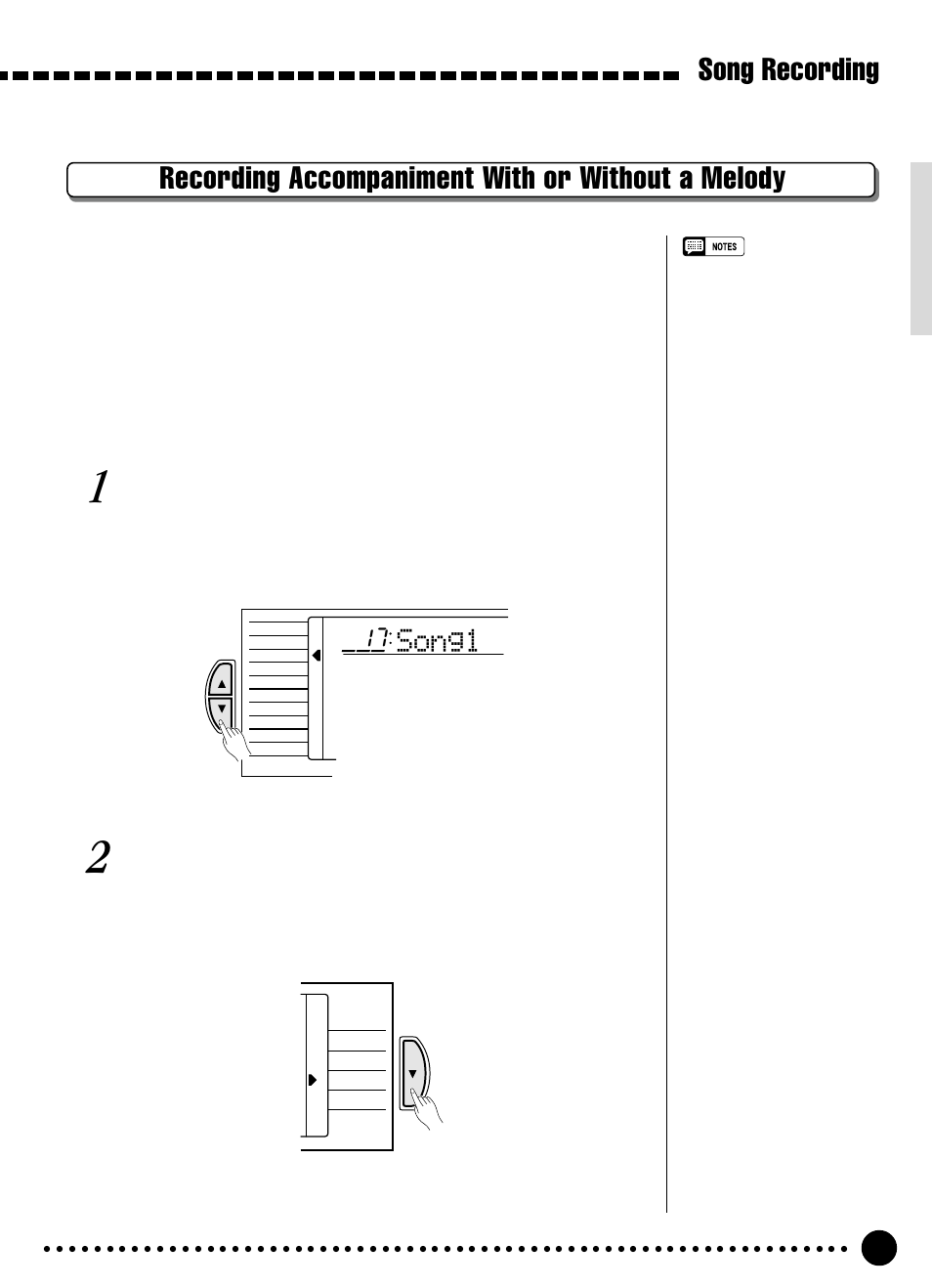 Song recording, Recording accompaniment with or without a melody, Song1 | Select a song number, Select the single or fingered mode and a style | Yamaha PSR-320 User Manual | Page 38 / 73