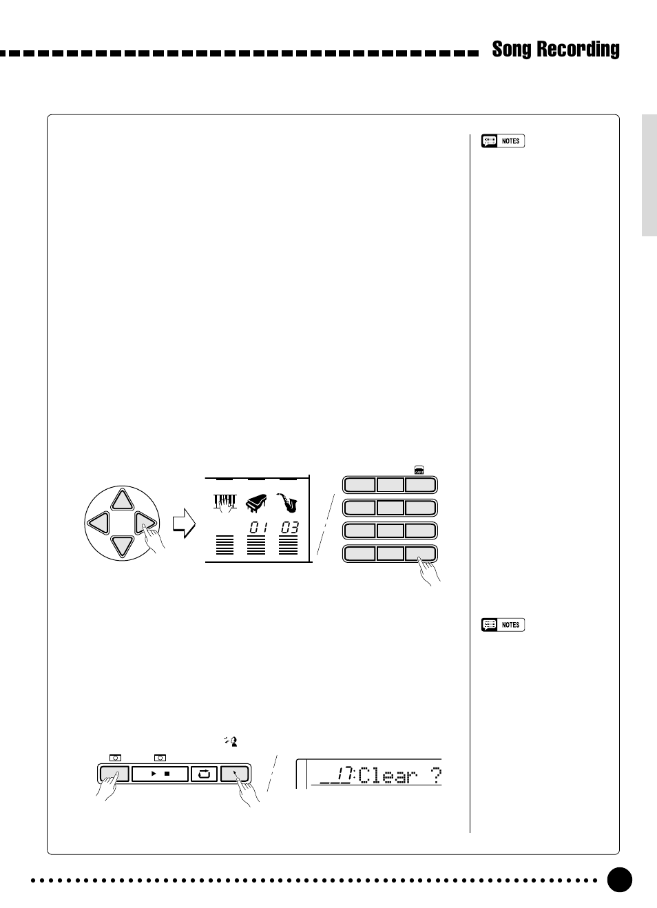 Song recording, Clear, Voice & volume rewrite | Clearing the song tracks | Yamaha PSR-320 User Manual | Page 42 / 73