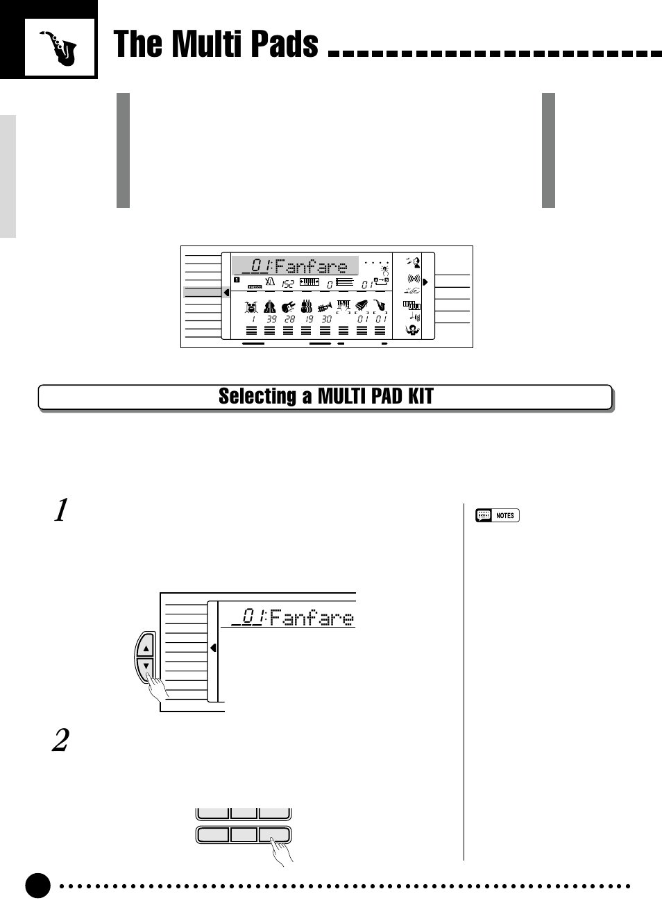 The multi pads, Selecting a multi pad kit, Fanfare | Select the multi pad function, Select a multi pad kit number | Yamaha PSR-320 User Manual | Page 43 / 73