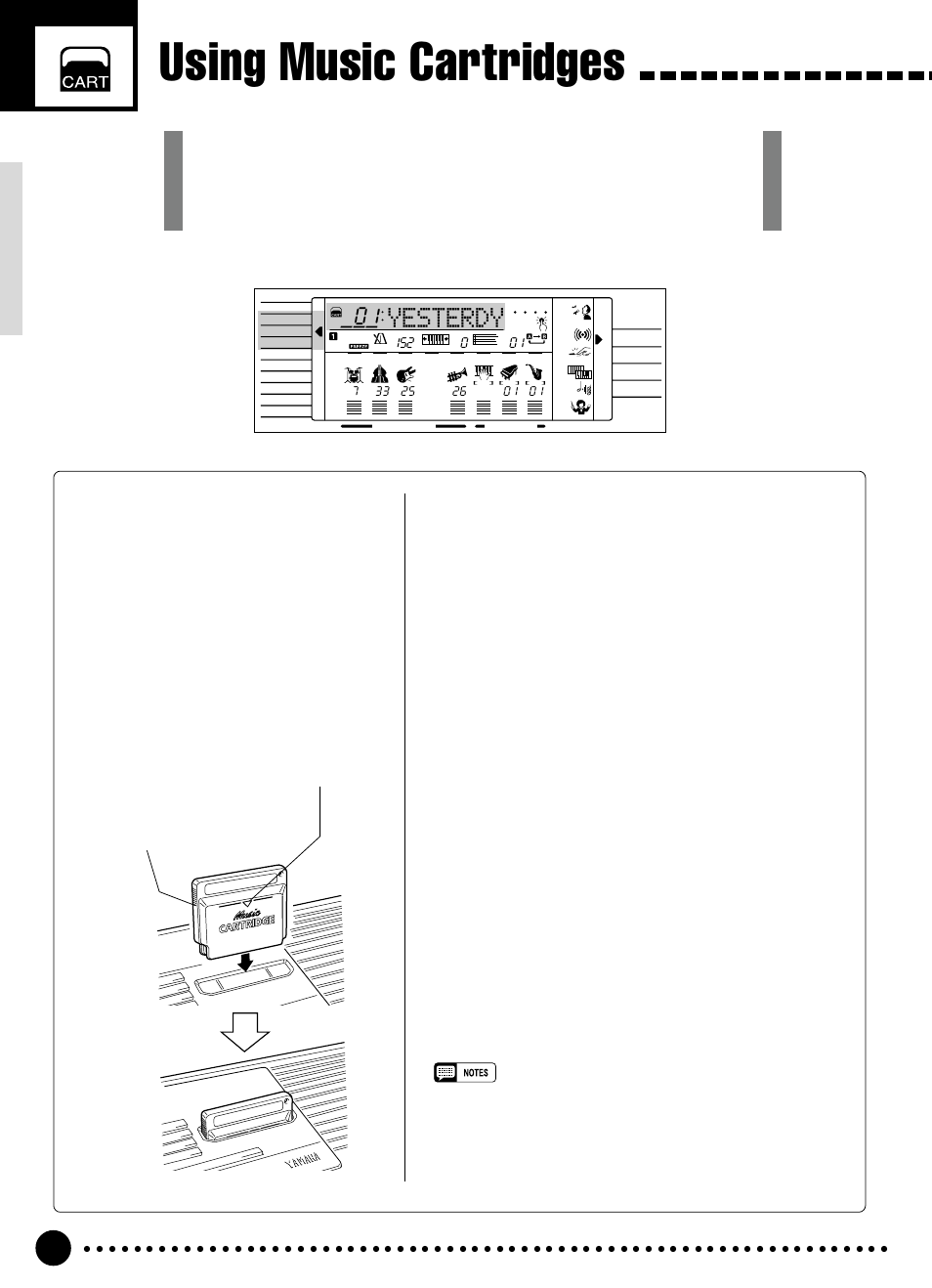 Using music cartridges, Yesterdy, Inserting a music cartridge | Music cartridge handling precautions | Yamaha PSR-320 User Manual | Page 45 / 73