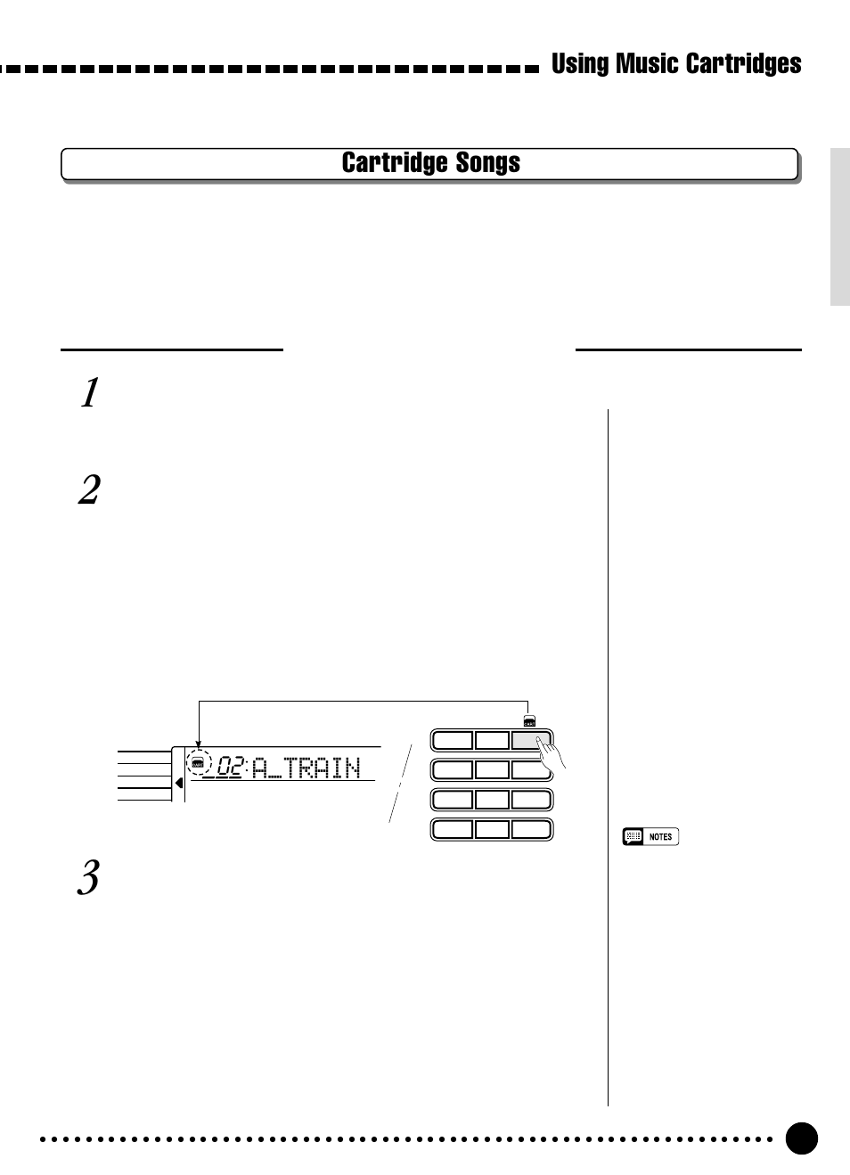 Cartridge songs, Using music cartridges, Aåtrain | Cartridge song playback, Select the song function, Select a cartridge song number, Start playback | Yamaha PSR-320 User Manual | Page 48 / 73