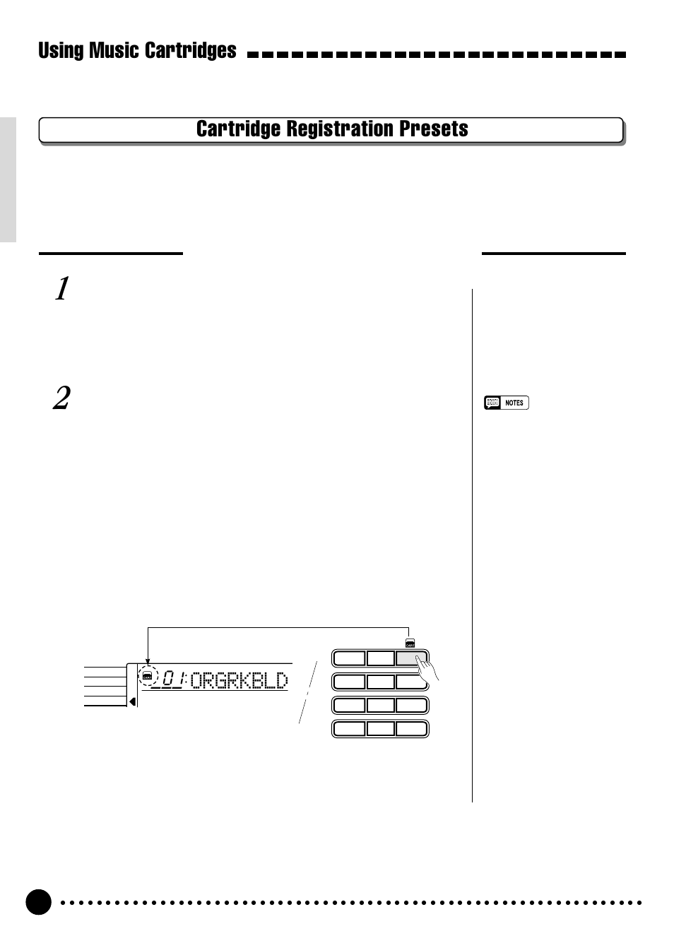 Cartridge registration presets, Using music cartridges, Orgrkbld | Selecting cartridge registration, Select and use a cartridge registration | Yamaha PSR-320 User Manual | Page 49 / 73