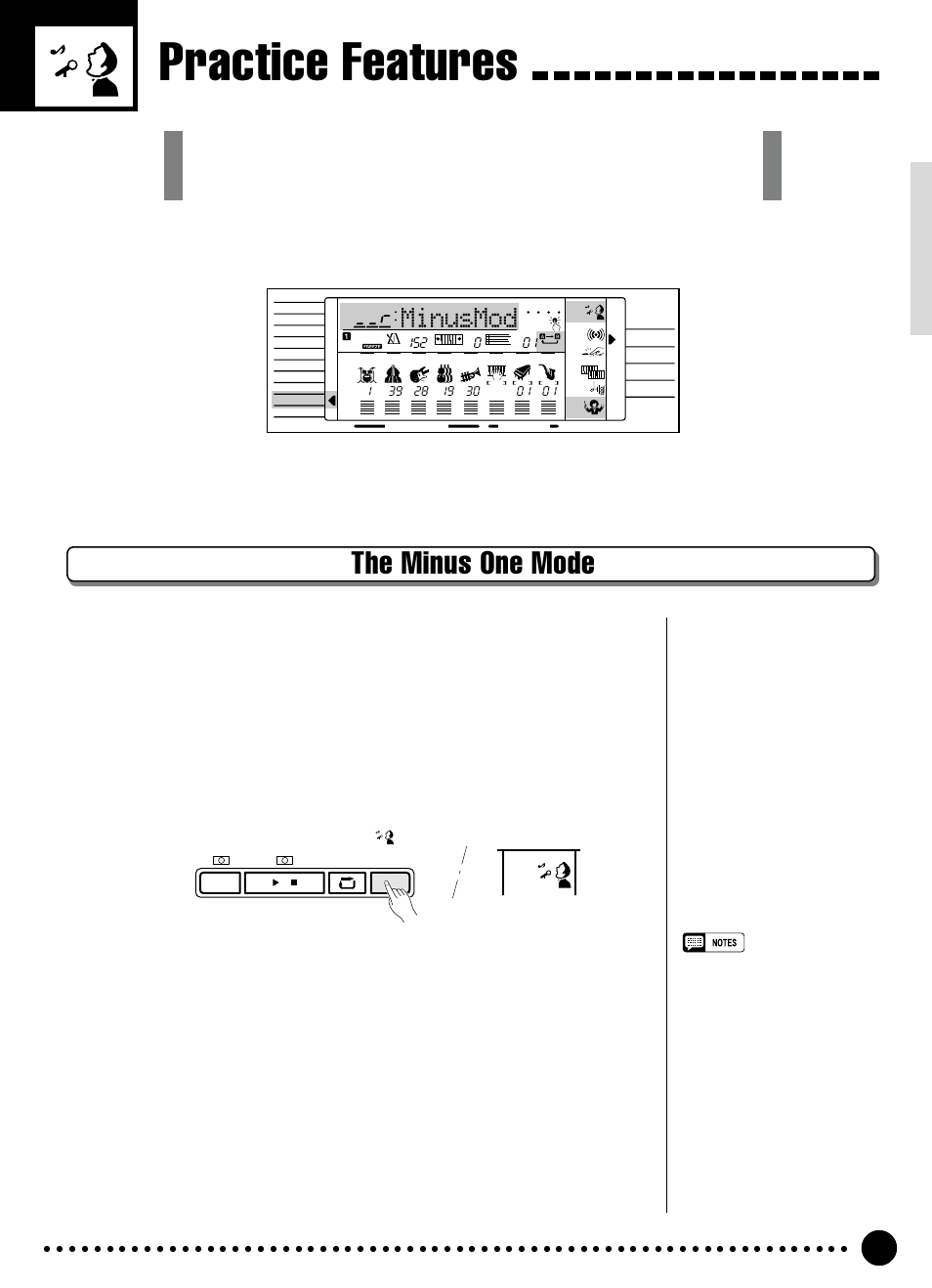 Practice features, The minus one mode, Minusmod | Specifying the parts to be turned on or off | Yamaha PSR-320 User Manual | Page 50 / 73