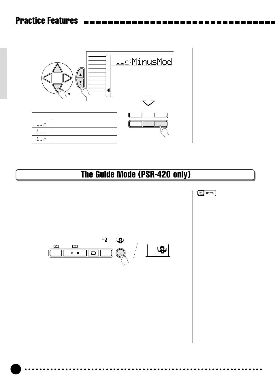 Practice features, The guide mode (psr-420 only), Minusmod | Yamaha PSR-320 User Manual | Page 51 / 73