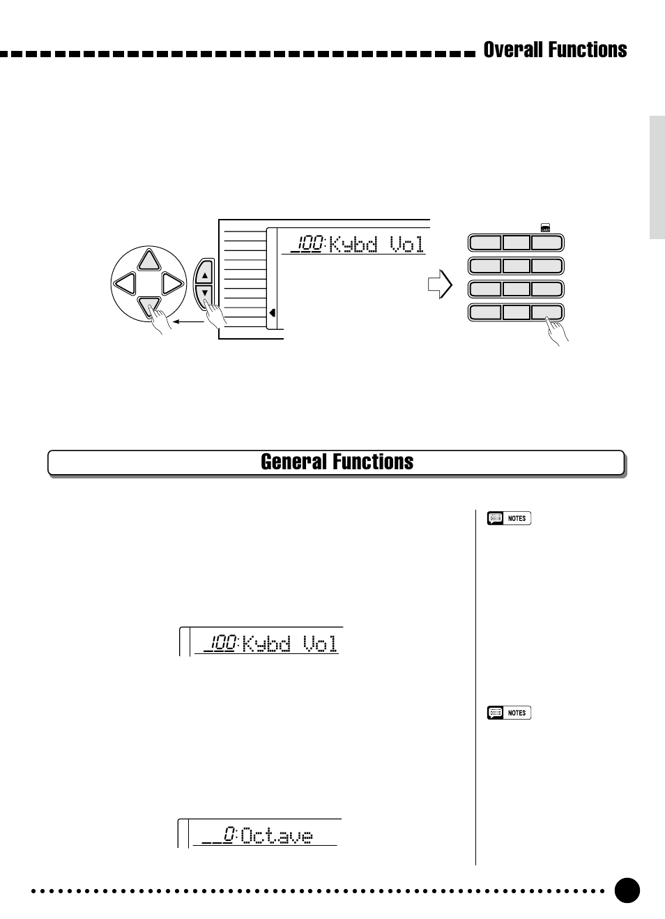 Overall functions, General functions, Kybd vol | Keyboard volume, Octave | Yamaha PSR-320 User Manual | Page 54 / 73