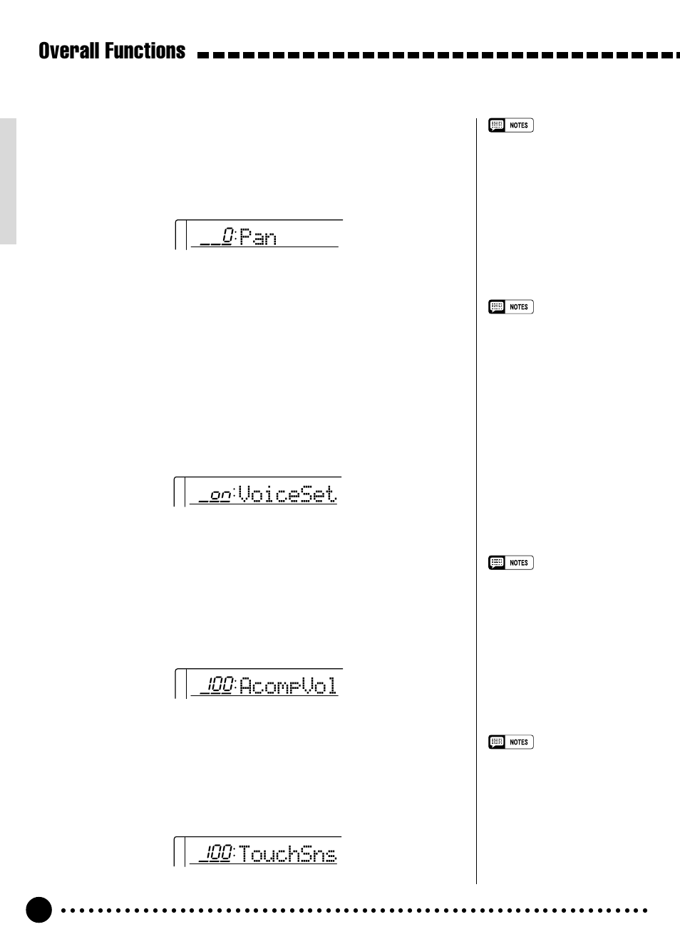 Overall functions, Acompvol, Touchsns | Voiceset | Yamaha PSR-320 User Manual | Page 55 / 73