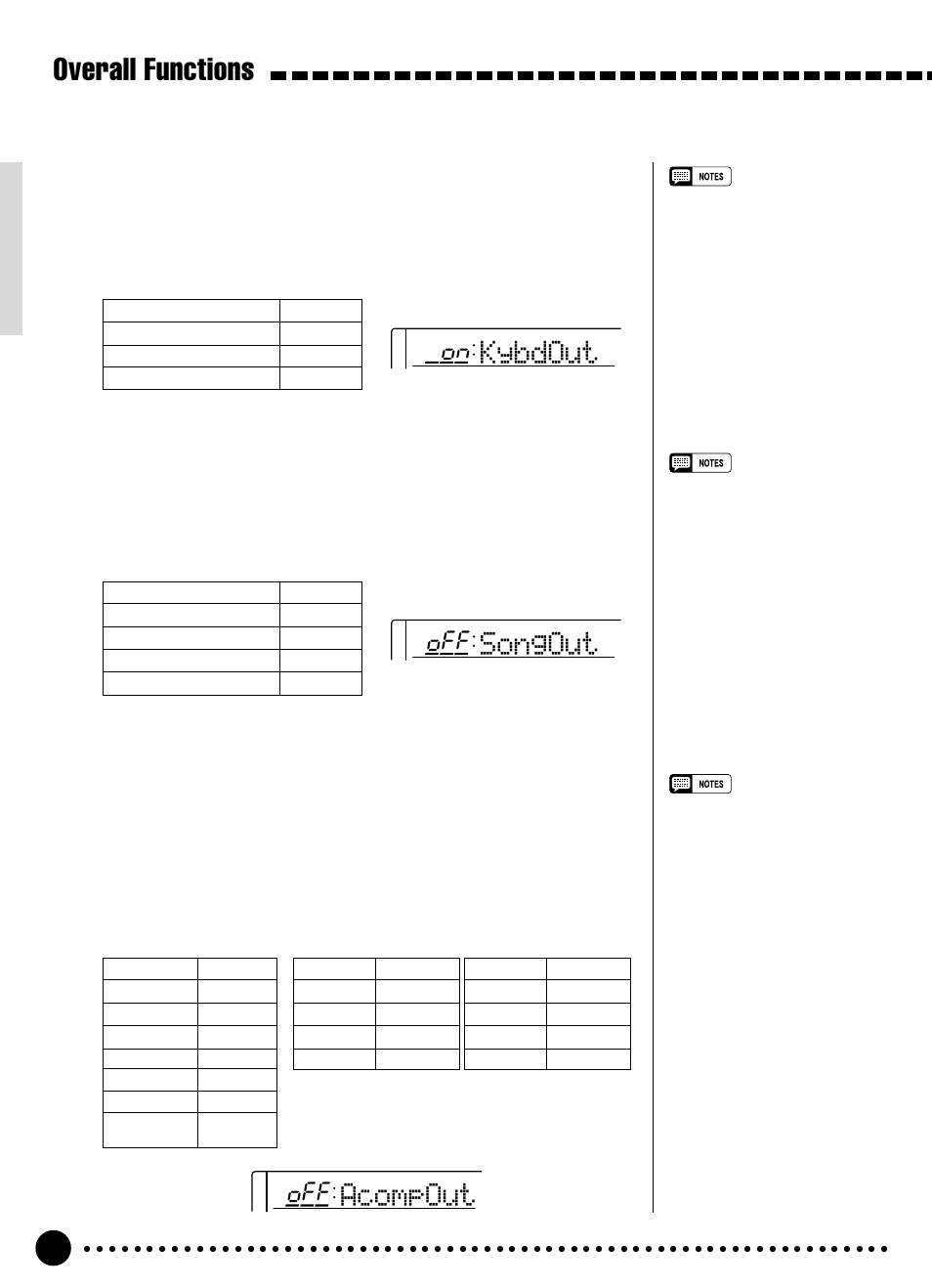 Overall functions, Kybdout, Songout | Acompout, Keyboard out, Accompaniment out, Song out | Yamaha PSR-320 User Manual | Page 59 / 73