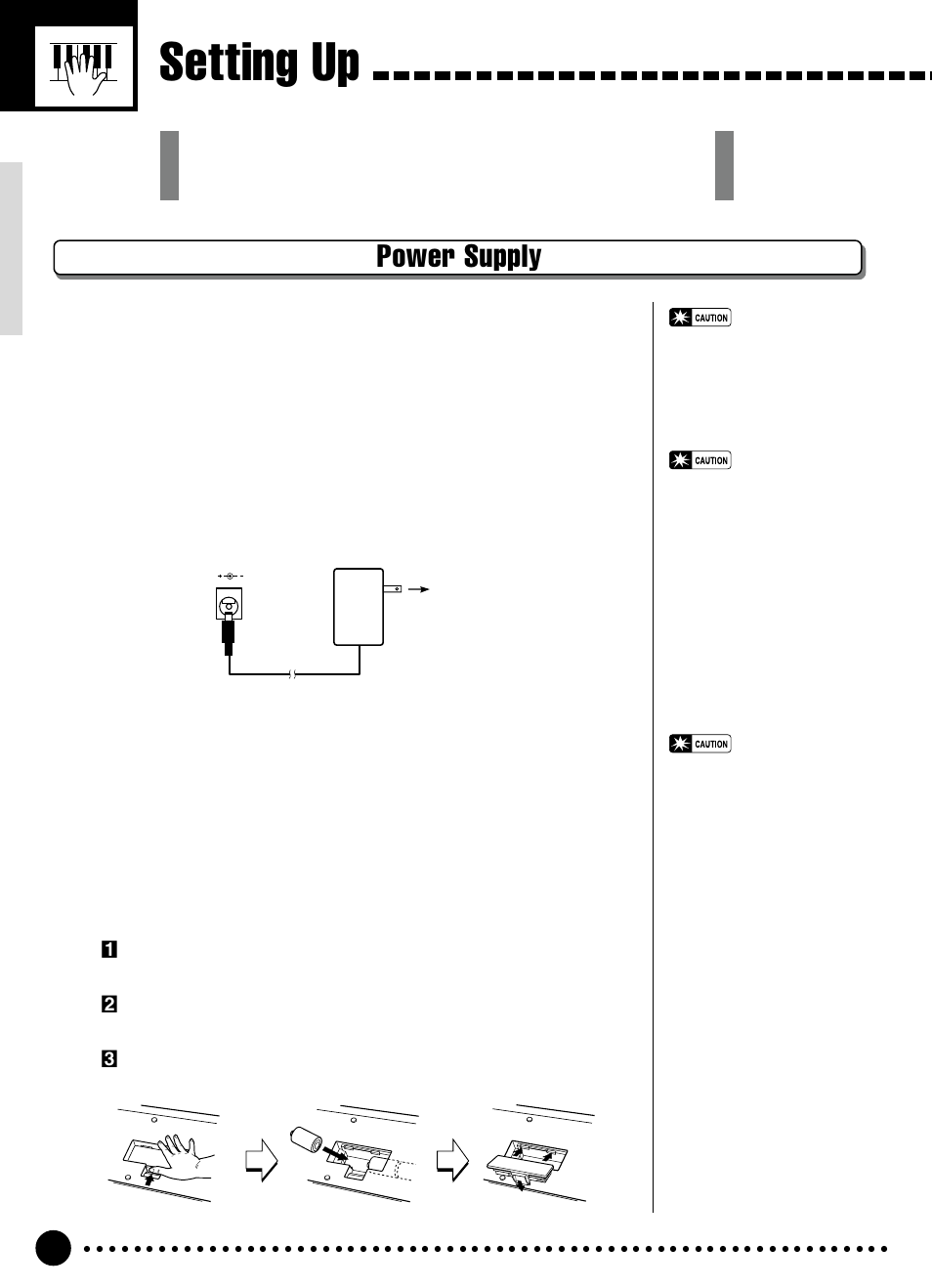 Setting up, Power supply, Using batteries | Using an optional ac power adaptor | Yamaha PSR-320 User Manual | Page 7 / 73