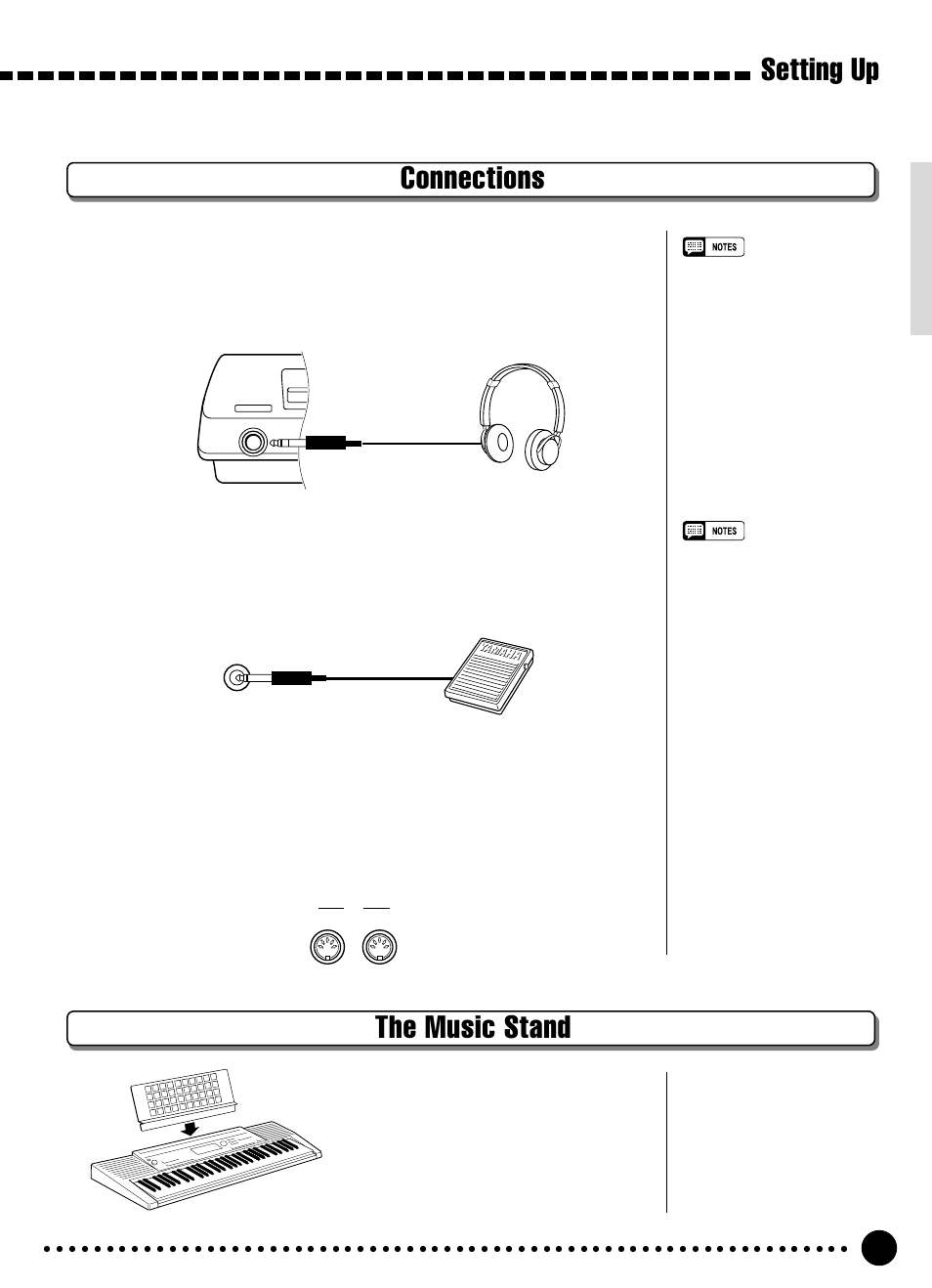 Connections, Setting up, The music stand | The phones jack, Sustain jack, Midi in and out connectors | Yamaha PSR-320 User Manual | Page 8 / 73
