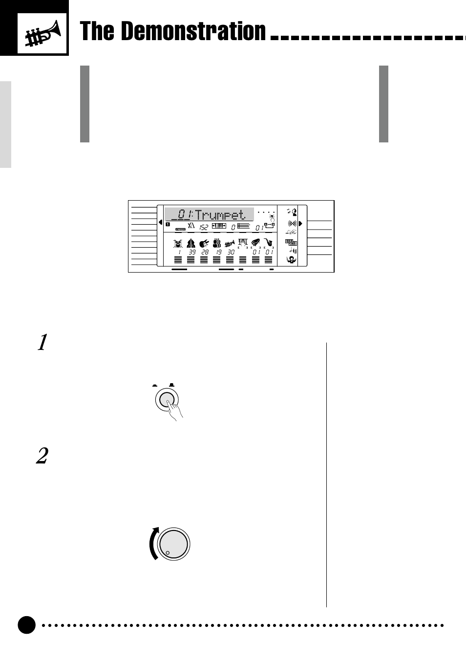 The demonstration, Trumpet, Switch on | Set an initial volume level, Turn the power on by pressing the [power] switch | Yamaha PSR-320 User Manual | Page 9 / 73