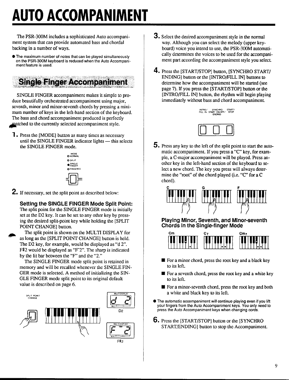 Auto accompaniment, Setting the single finger mode split point | Yamaha PSR-300m User Manual | Page 11 / 39