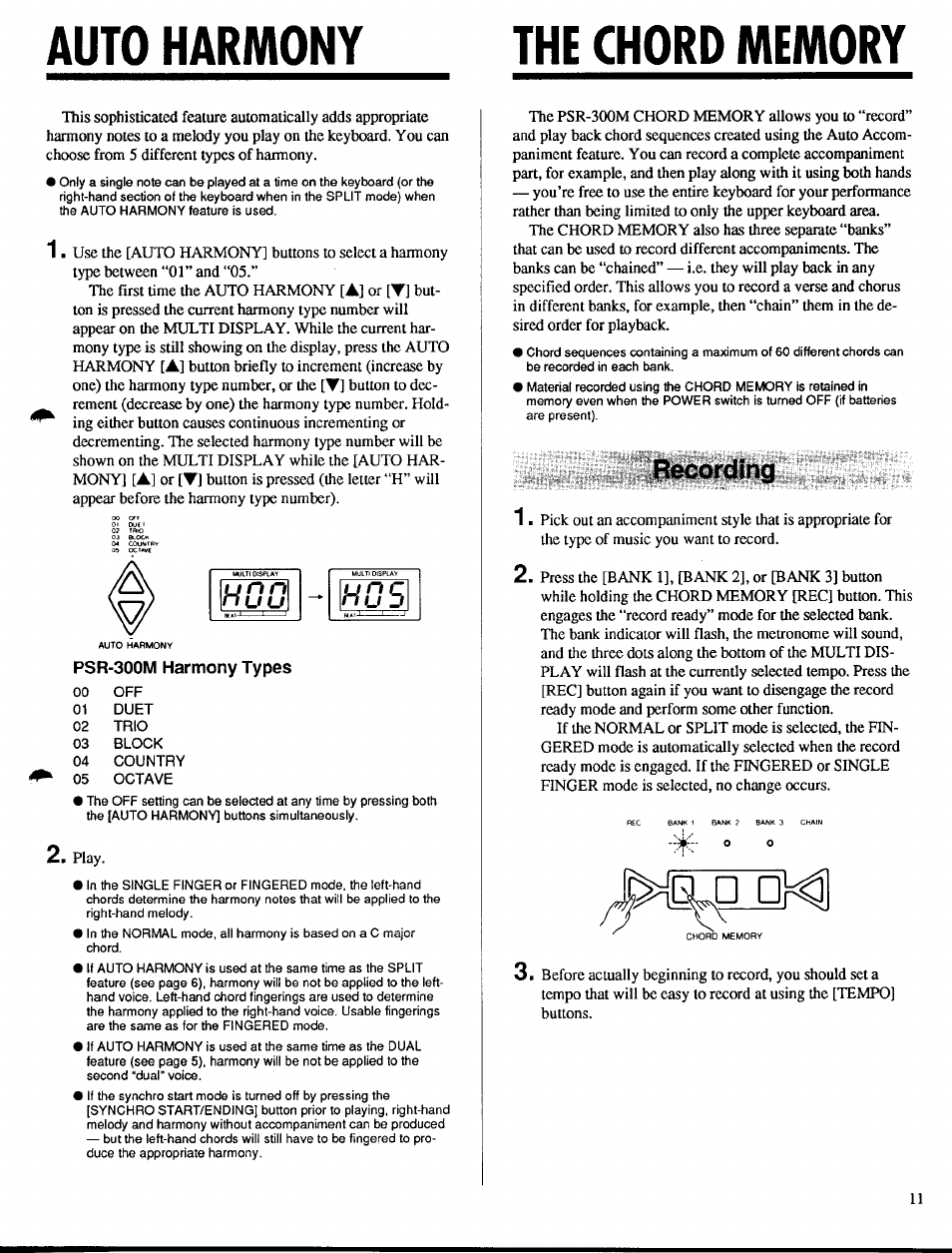 The chord memory, Psr-300m harmony types, Nu d | Yamaha PSR-300m User Manual | Page 13 / 39