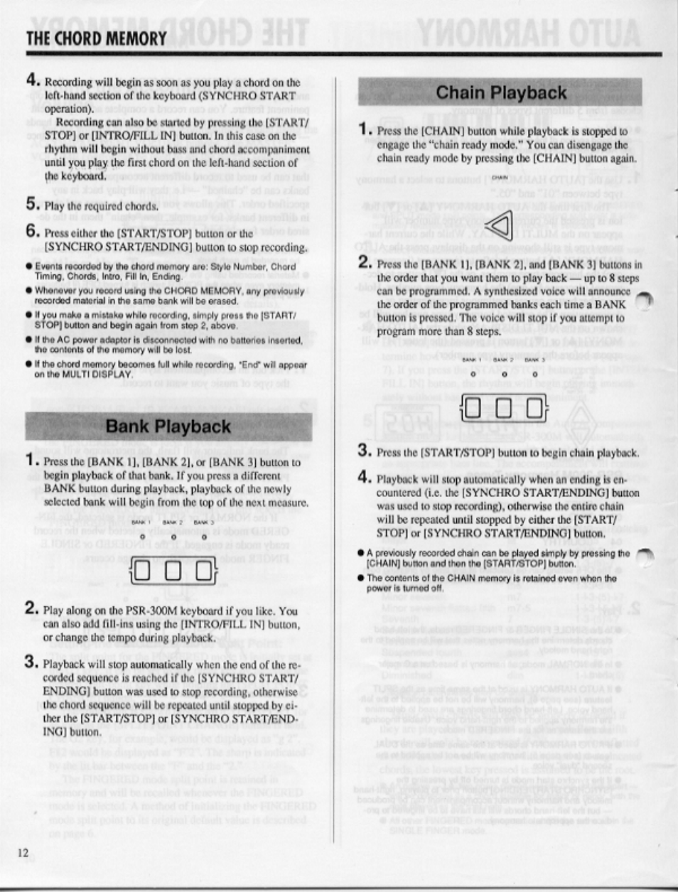 The chord memory, Bank playback | Yamaha PSR-300m User Manual | Page 14 / 39