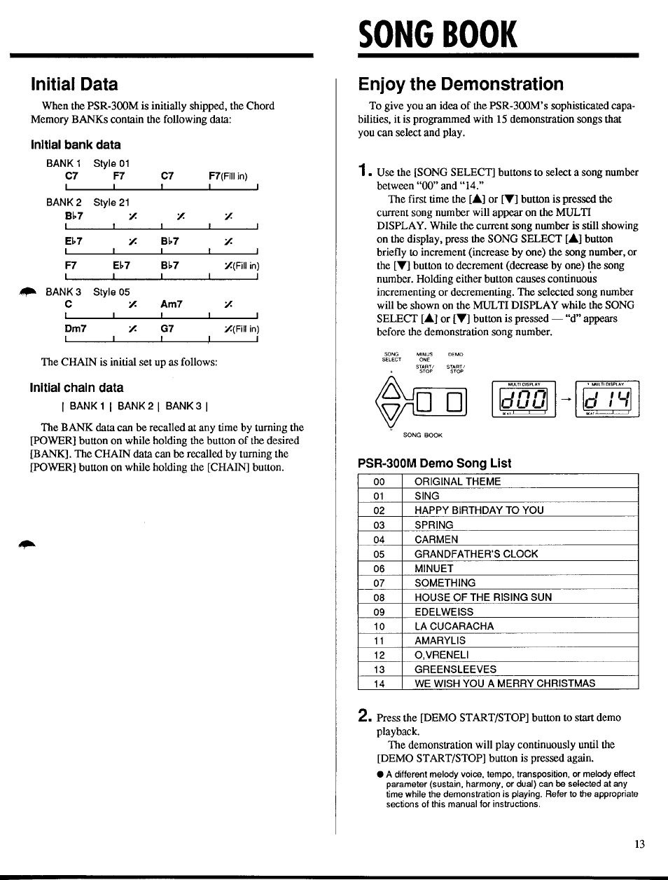 Song book, Initial data, Initial bank data | Initial chain data, Enjoy the demonstration, Psr-300m demo song list, J i $ u | Yamaha PSR-300m User Manual | Page 15 / 39