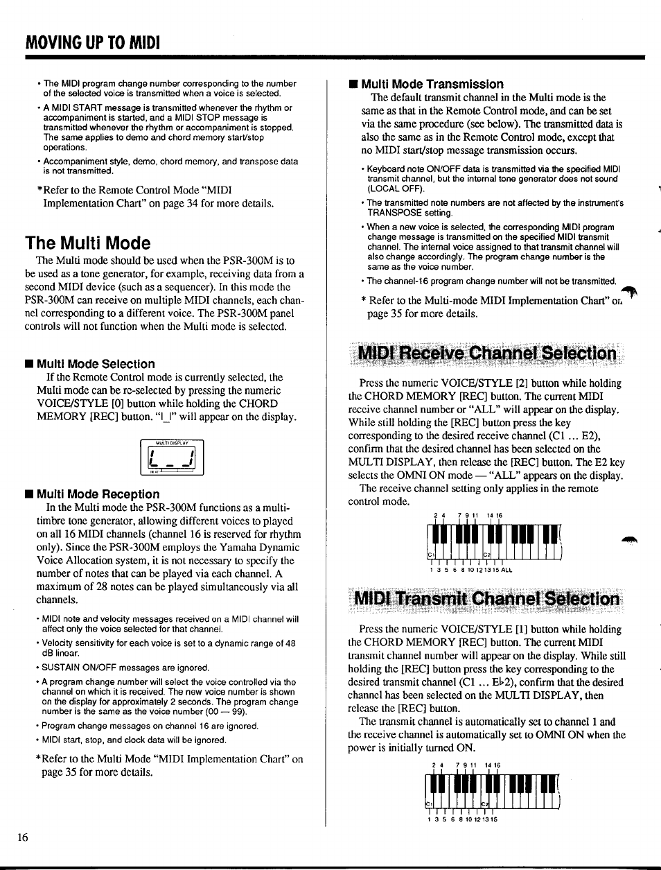 Moving up to midi, The multi mode, Multi mode selection | Multi mode reception, Multi mode transmission, Midi transiyilt chfanel spit^ion | Yamaha PSR-300m User Manual | Page 18 / 39