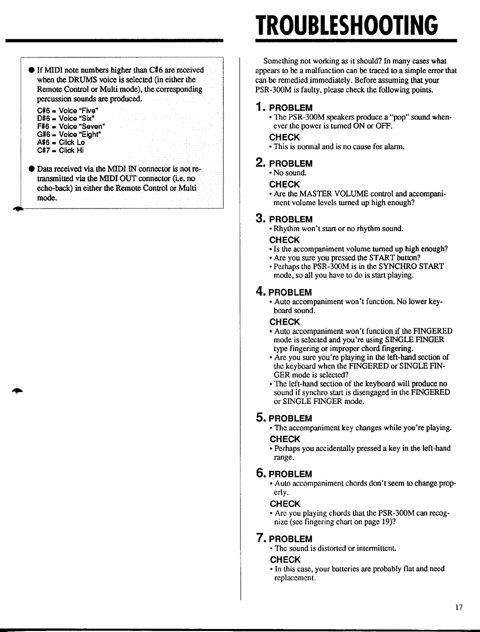 Troubleshooting | Yamaha PSR-300m User Manual | Page 19 / 39