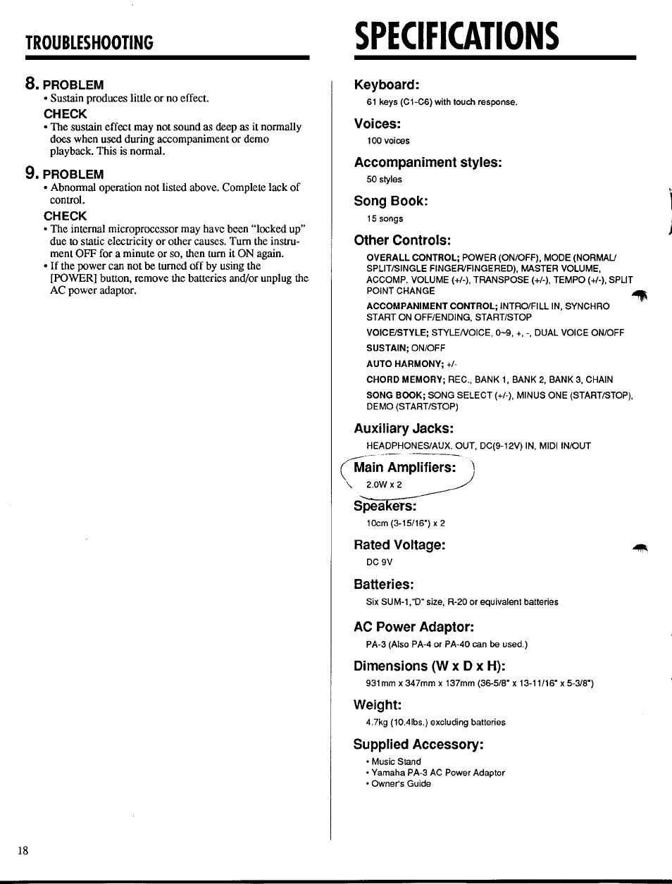 Specifiations, Keyboard, Voices | Accompaniment styies, Song book, Other controls, Auxiliary jacks, Main amplifiers, Spearefs, Rated voltage | Yamaha PSR-300m User Manual | Page 20 / 39