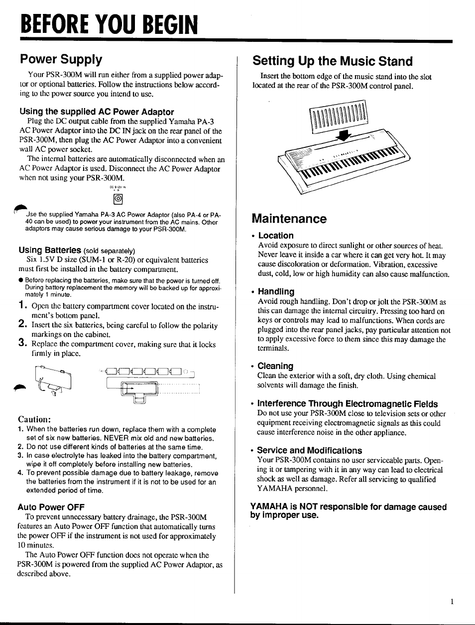 Before you begin, Power supply, Using the supplied ac power adaptor | Auto power off, Setting up the music stand, Maintenance, Location, Handling, Cleaning, Interference through electromagnetic fields | Yamaha PSR-300m User Manual | Page 3 / 39