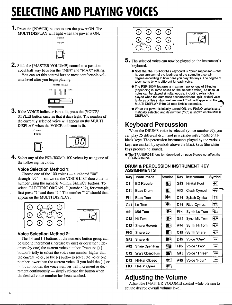 Seleging and playing voices, Keyboard percussion, Adjusting the volume | Selecting and playing voices | Yamaha PSR-300m User Manual | Page 6 / 39
