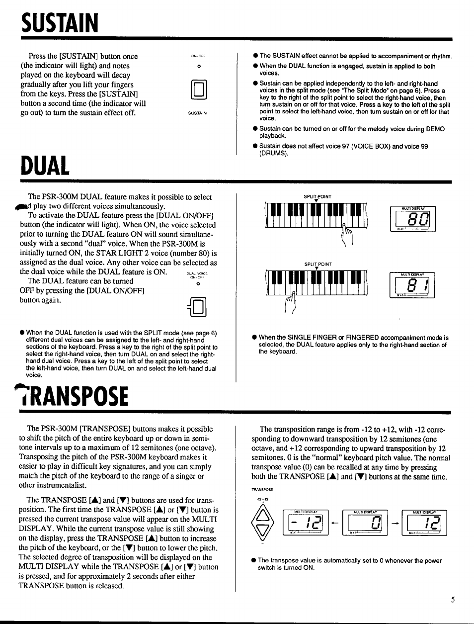 Sustain, Dual, Ranspose | Transpose, 11i1i | Yamaha PSR-300m User Manual | Page 7 / 39