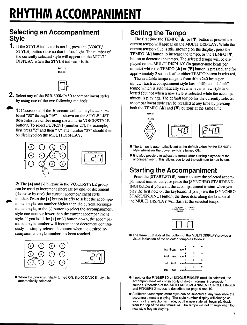 Rhythm accompaniment, Selecting an accompaniment style, Setting the tempo | Starting the accompaniment | Yamaha PSR-300m User Manual | Page 9 / 39