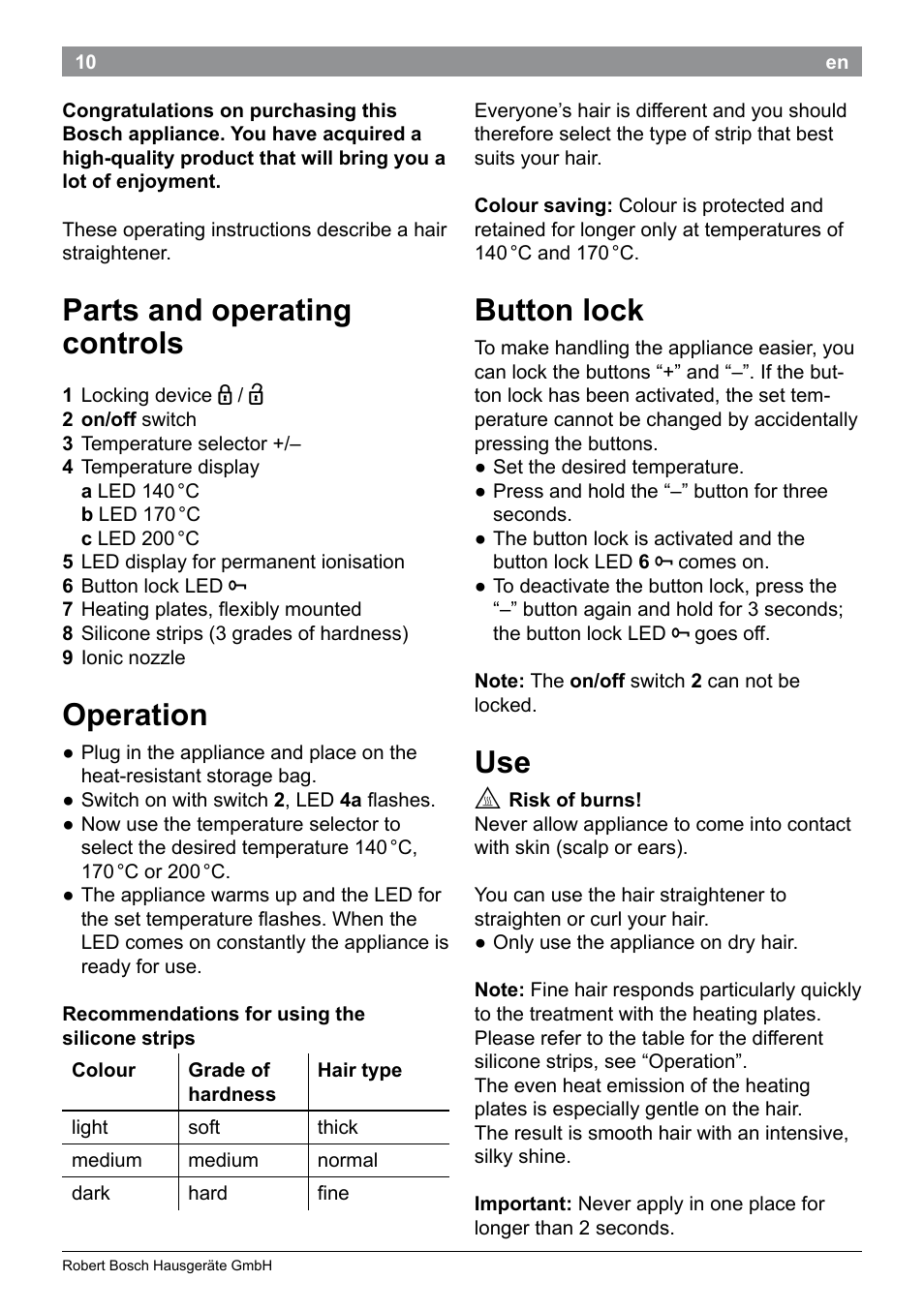 Parts and operating controls, Operation, Button lock | Bosch PHS9460 Haarglätter ProSalon SleekStylist User Manual | Page 12 / 116