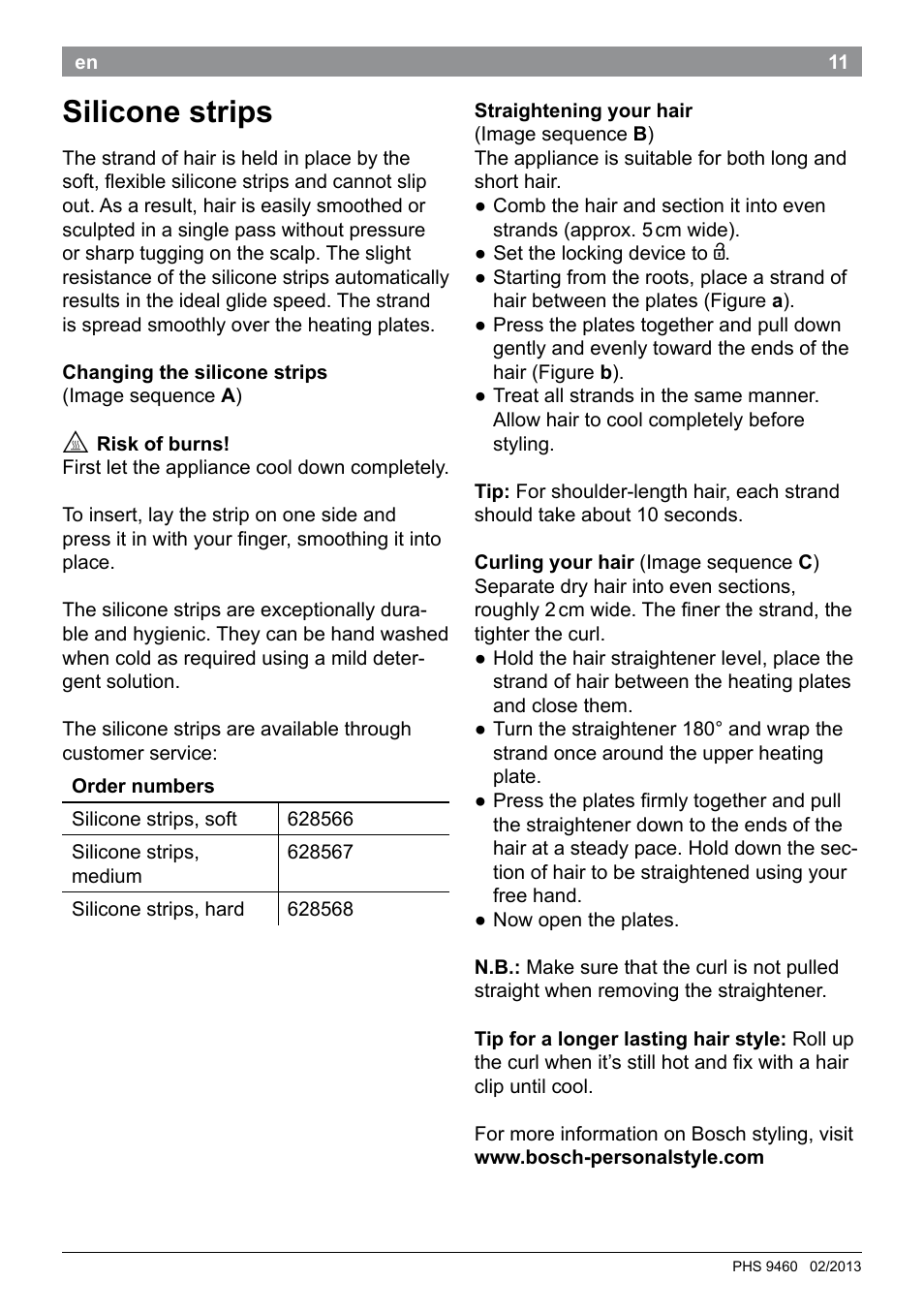 Silicone strips | Bosch PHS9460 Haarglätter ProSalon SleekStylist User Manual | Page 13 / 116