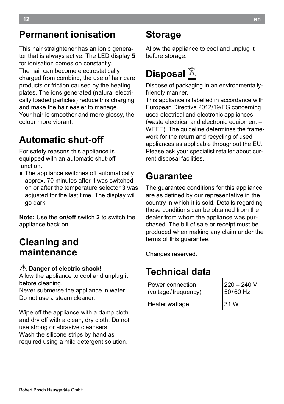 Permanent ionisation, Automatic shut-off, Cleaning and maintenance | Storage, Disposal, Guarantee, Technical data | Bosch PHS9460 Haarglätter ProSalon SleekStylist User Manual | Page 14 / 116