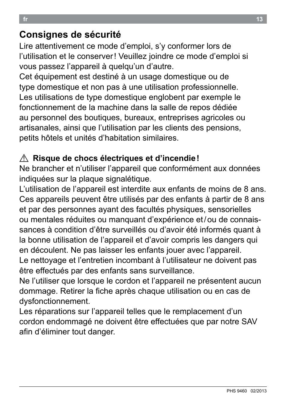 Consignes de sécurité | Bosch PHS9460 Haarglätter ProSalon SleekStylist User Manual | Page 15 / 116