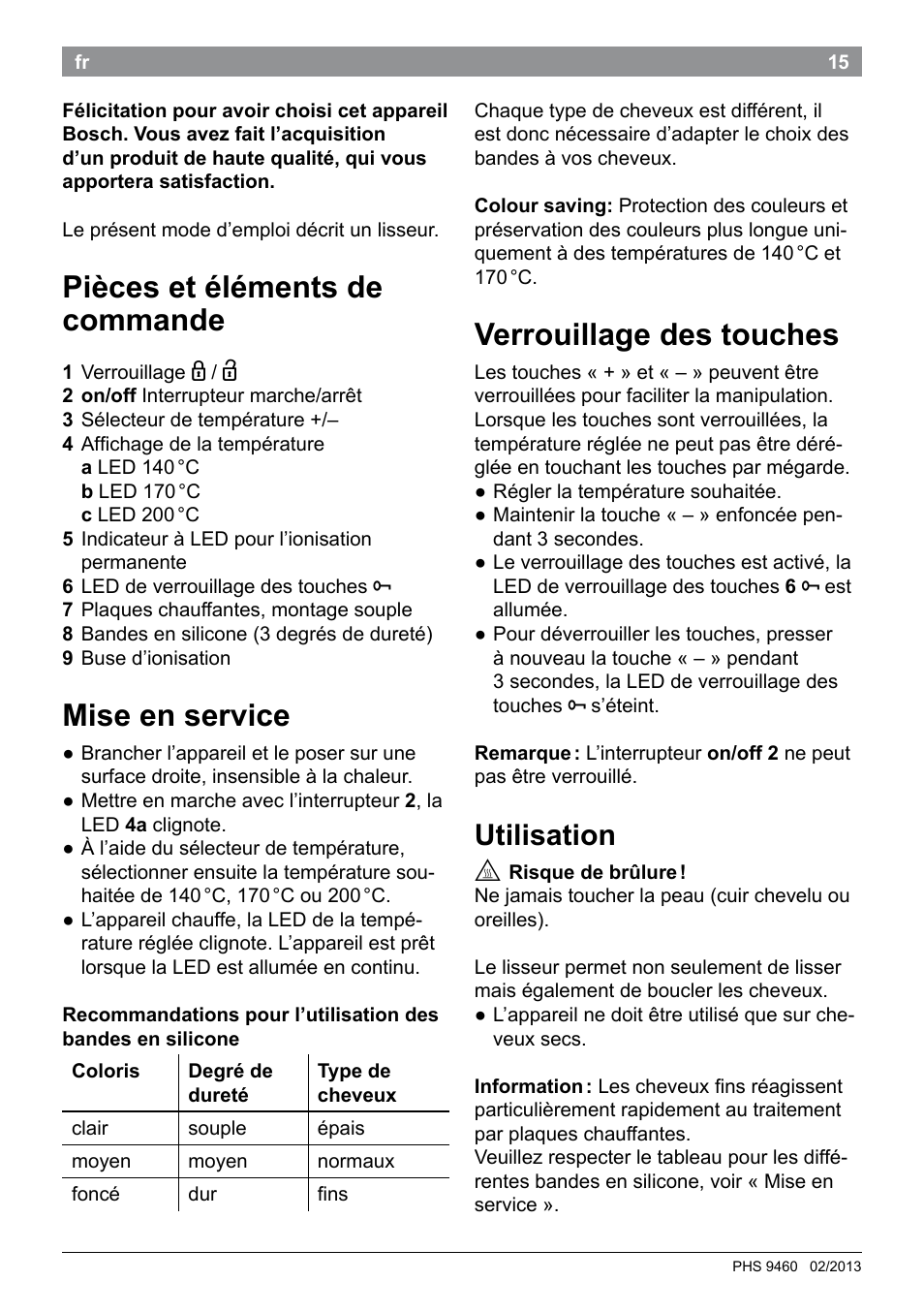 Pièces et éléments de commande, Mise en service, Verrouillage des touches | Utilisation | Bosch PHS9460 Haarglätter ProSalon SleekStylist User Manual | Page 17 / 116