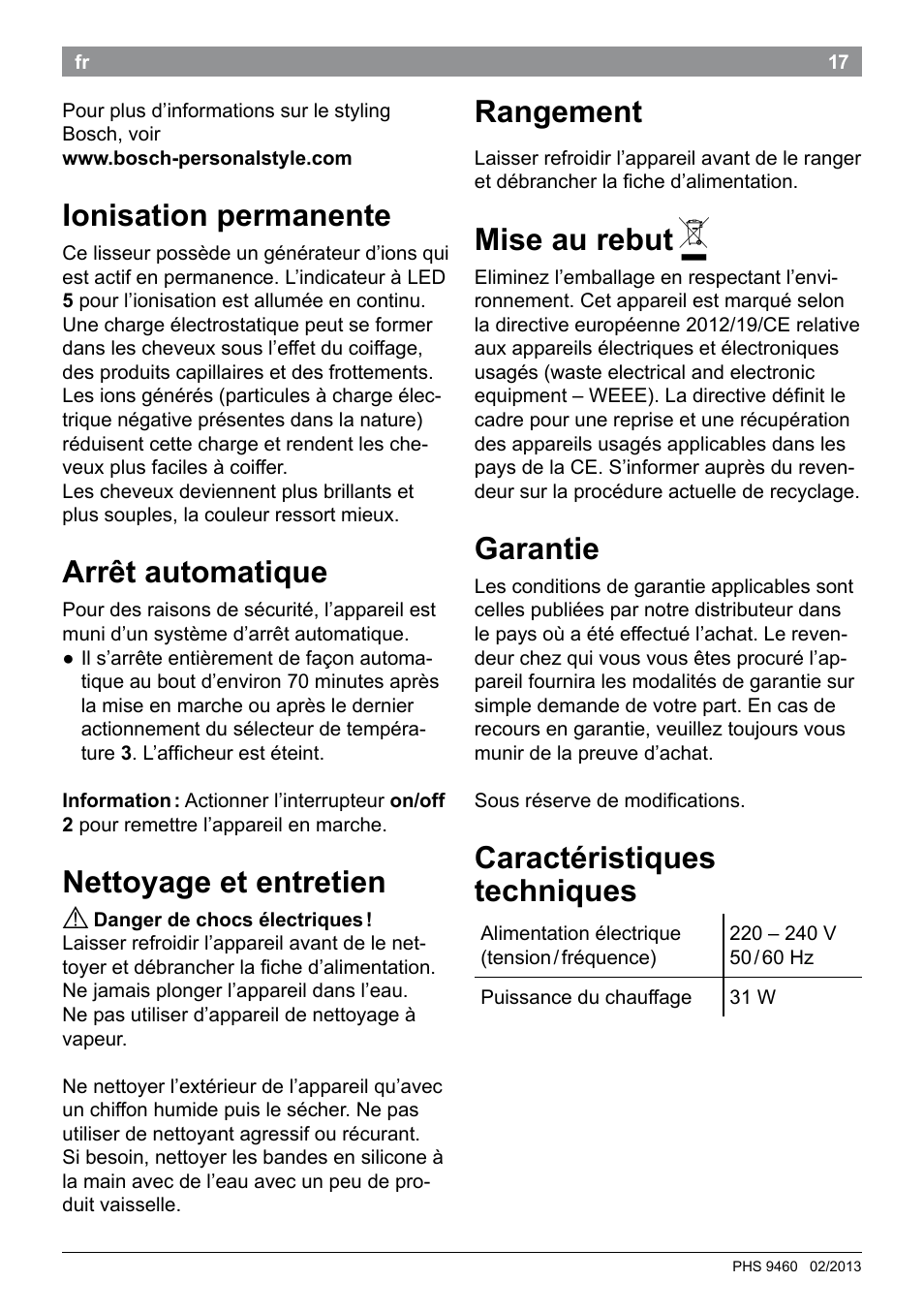 Ionisation permanente, Arrêt automatique, Nettoyage et entretien | Rangement, Mise au rebut, Garantie, Caractéristiques techniques | Bosch PHS9460 Haarglätter ProSalon SleekStylist User Manual | Page 19 / 116