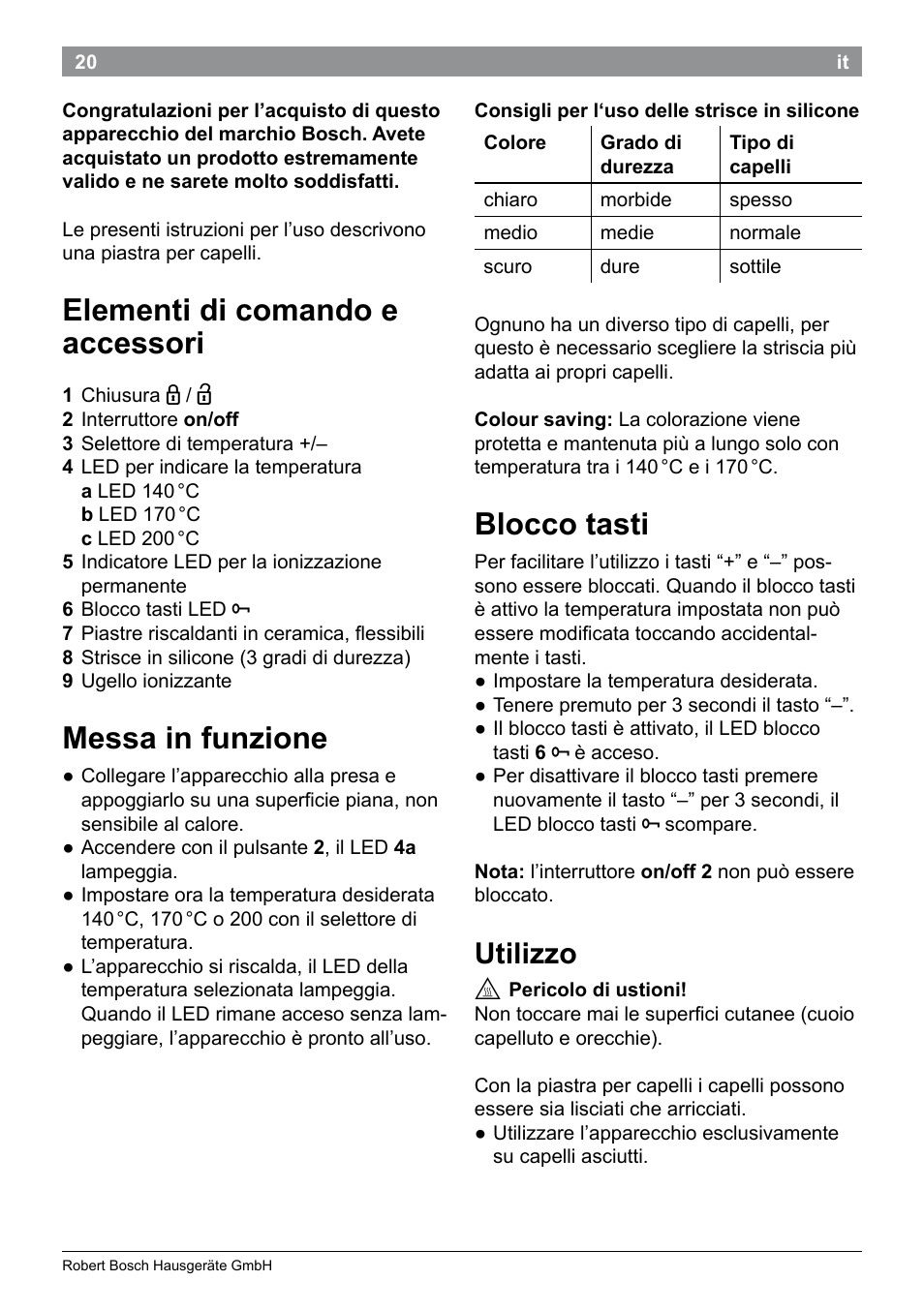 Elementi di comando e accessori, Messa in funzione, Blocco tasti | Utilizzo | Bosch PHS9460 Haarglätter ProSalon SleekStylist User Manual | Page 22 / 116