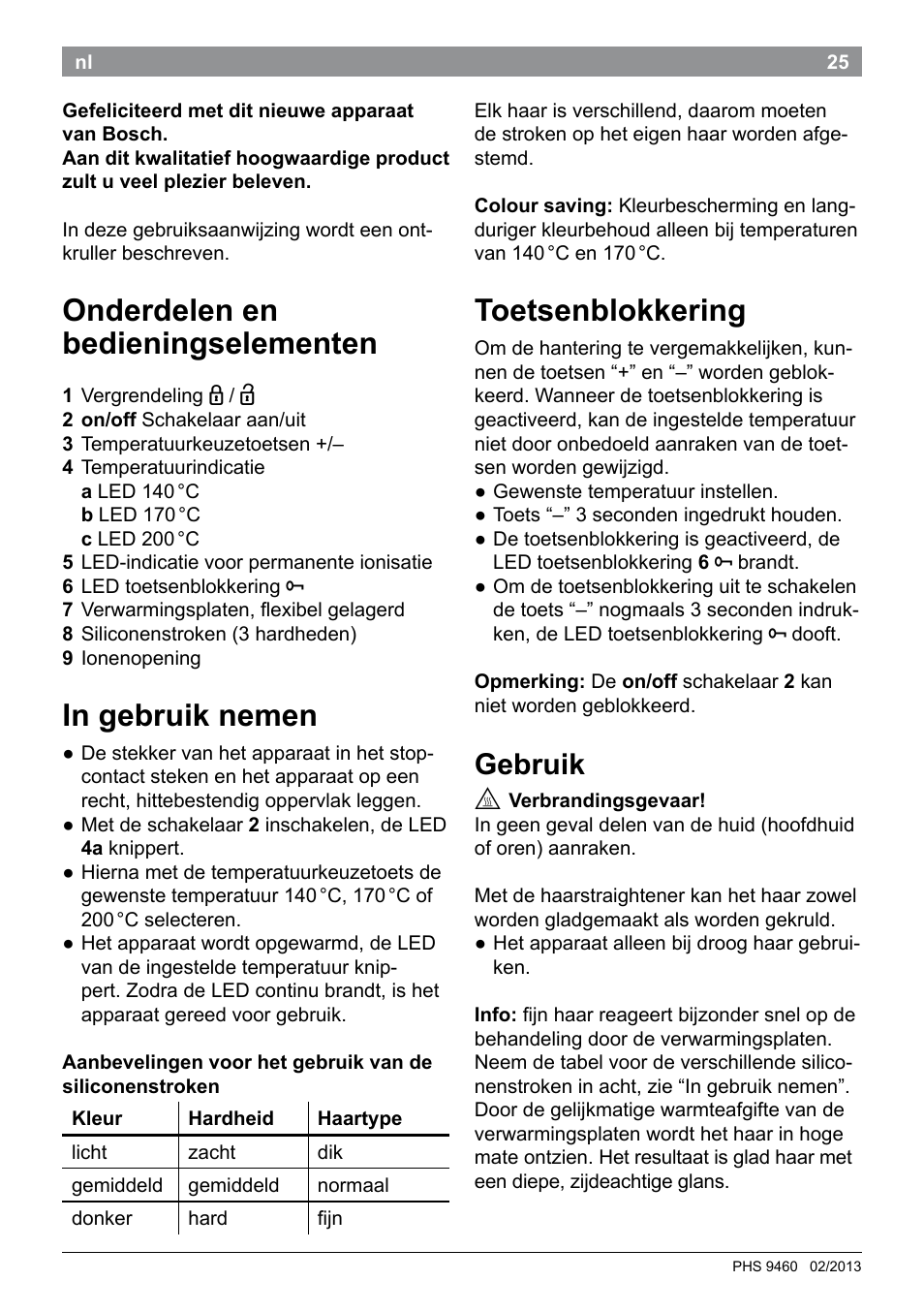 Onderdelen en bedieningselementen, Toetsenblokkering, Gebruik | Bosch PHS9460 Haarglätter ProSalon SleekStylist User Manual | Page 27 / 116