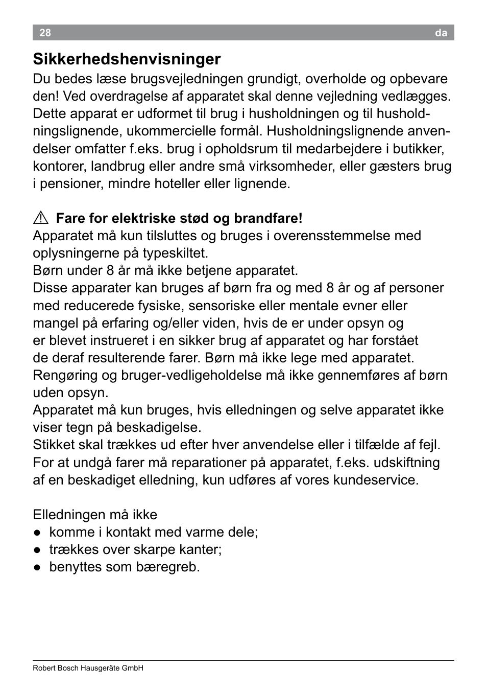 Sikkerhedshenvisninger | Bosch PHS9460 Haarglätter ProSalon SleekStylist User Manual | Page 30 / 116