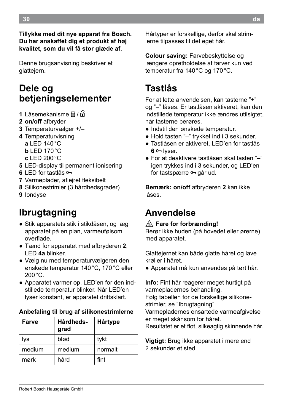 Dele og betjeningselementer, Ibrugtagning, Tastlås | Anvendelse | Bosch PHS9460 Haarglätter ProSalon SleekStylist User Manual | Page 32 / 116