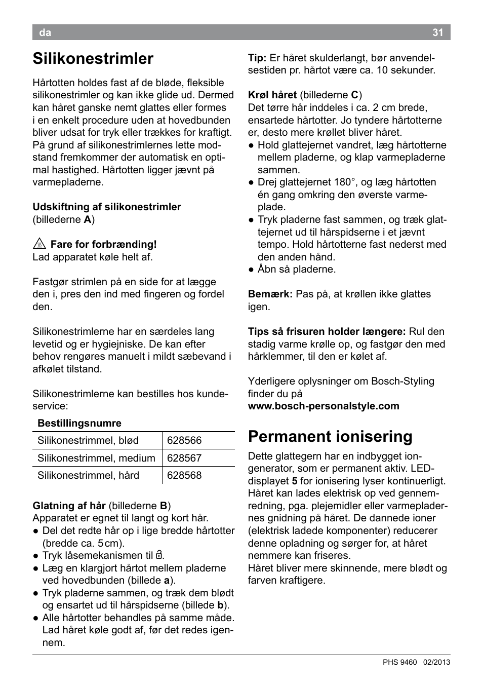 Silikonestrimler, Permanent ionisering | Bosch PHS9460 Haarglätter ProSalon SleekStylist User Manual | Page 33 / 116