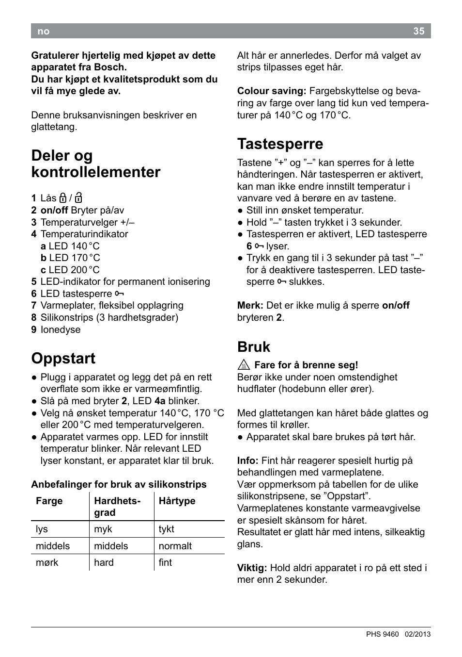 Deler og kontrollelementer, Oppstart, Tastesperre | Bruk | Bosch PHS9460 Haarglätter ProSalon SleekStylist User Manual | Page 37 / 116