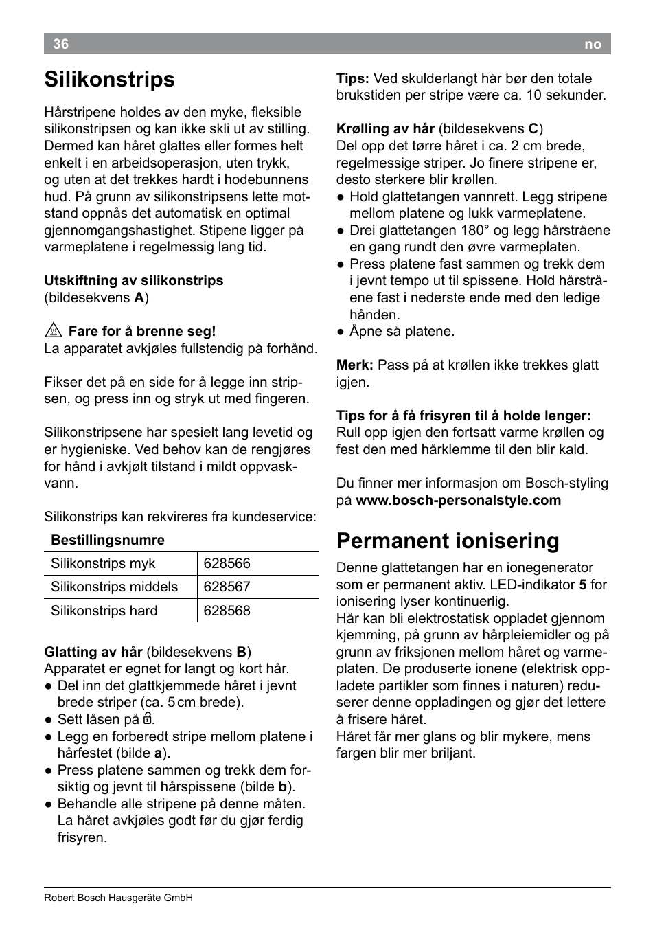 Silikonstrips, Permanent ionisering | Bosch PHS9460 Haarglätter ProSalon SleekStylist User Manual | Page 38 / 116