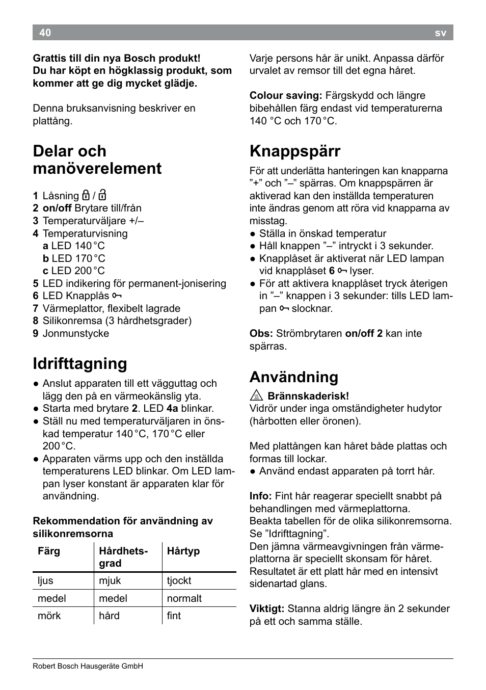 Delar och manöverelement, Idrifttagning, Knappspärr | Användning | Bosch PHS9460 Haarglätter ProSalon SleekStylist User Manual | Page 42 / 116