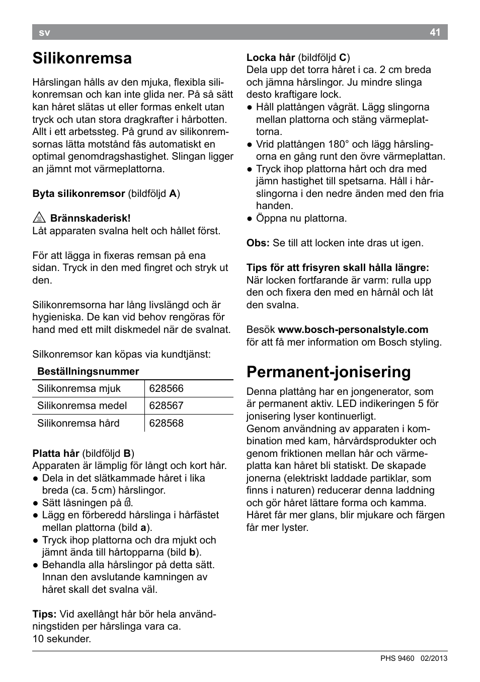 Silikonremsa, Permanent-jonisering | Bosch PHS9460 Haarglätter ProSalon SleekStylist User Manual | Page 43 / 116