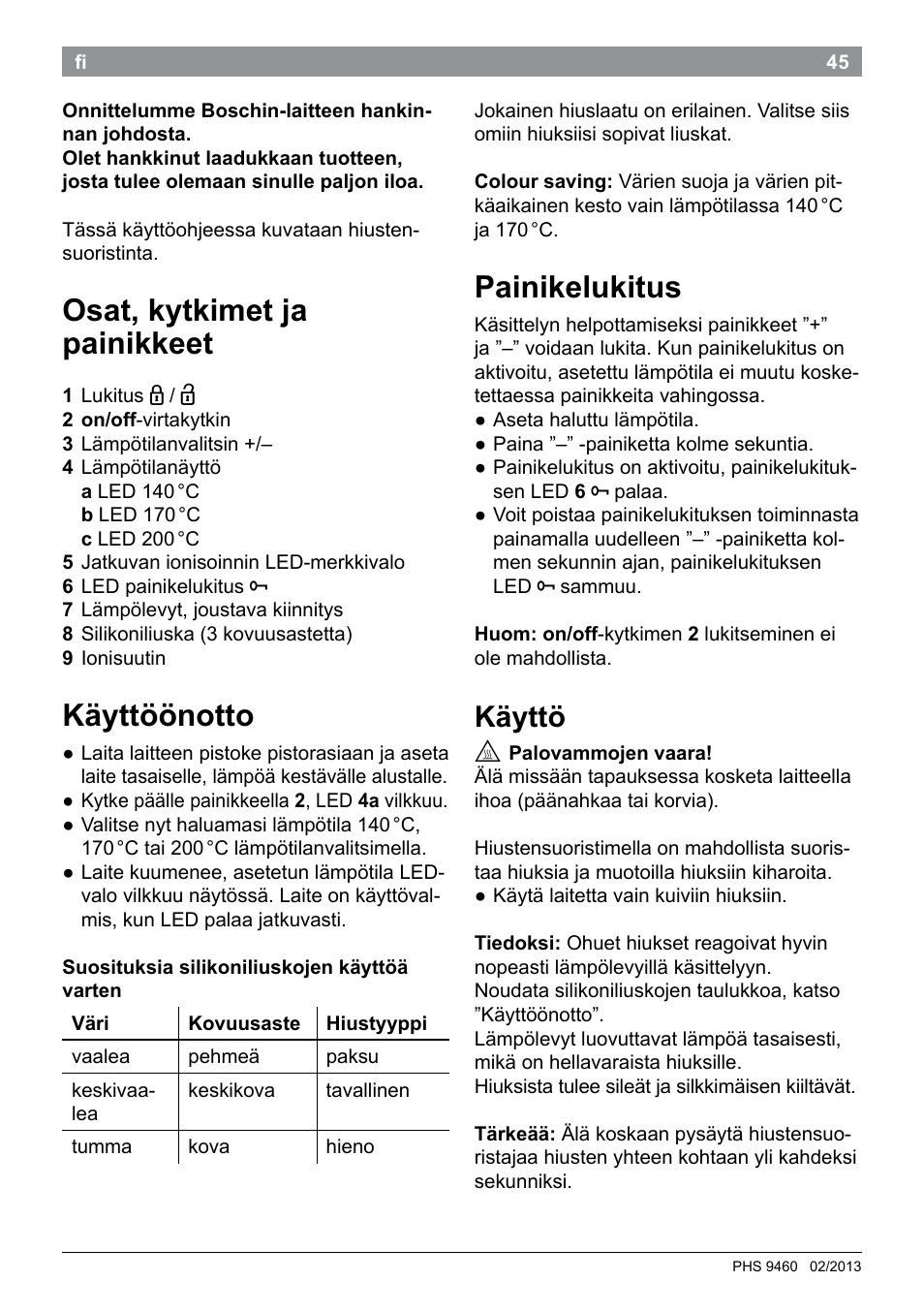 Osat, kytkimet ja painikkeet, Käyttöönotto, Painikelukitus | Käyttö | Bosch PHS9460 Haarglätter ProSalon SleekStylist User Manual | Page 47 / 116