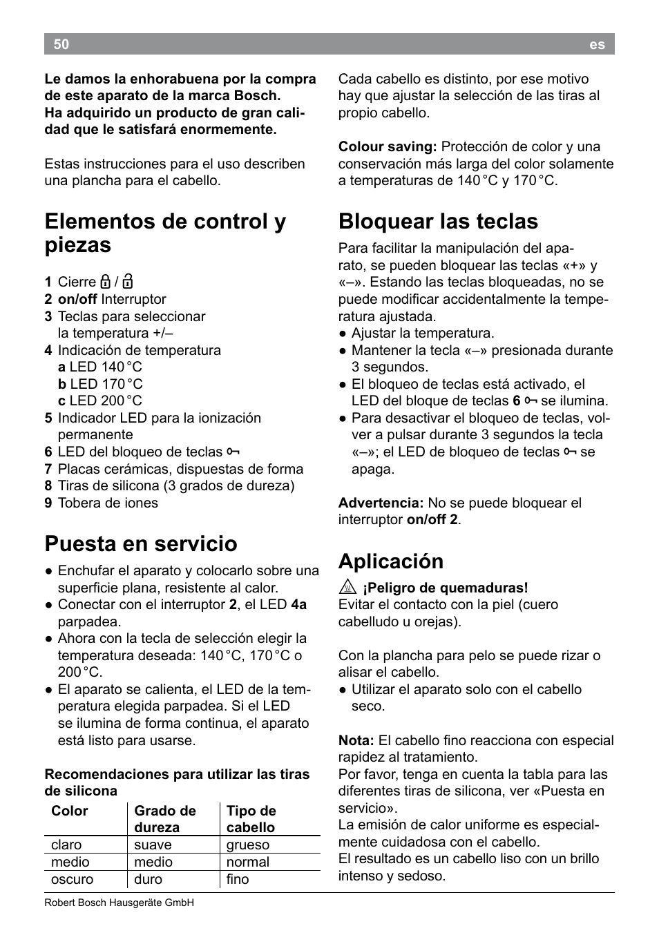 Elementos de control y piezas, Puesta en servicio, Bloquear las teclas | Aplicación | Bosch PHS9460 Haarglätter ProSalon SleekStylist User Manual | Page 52 / 116