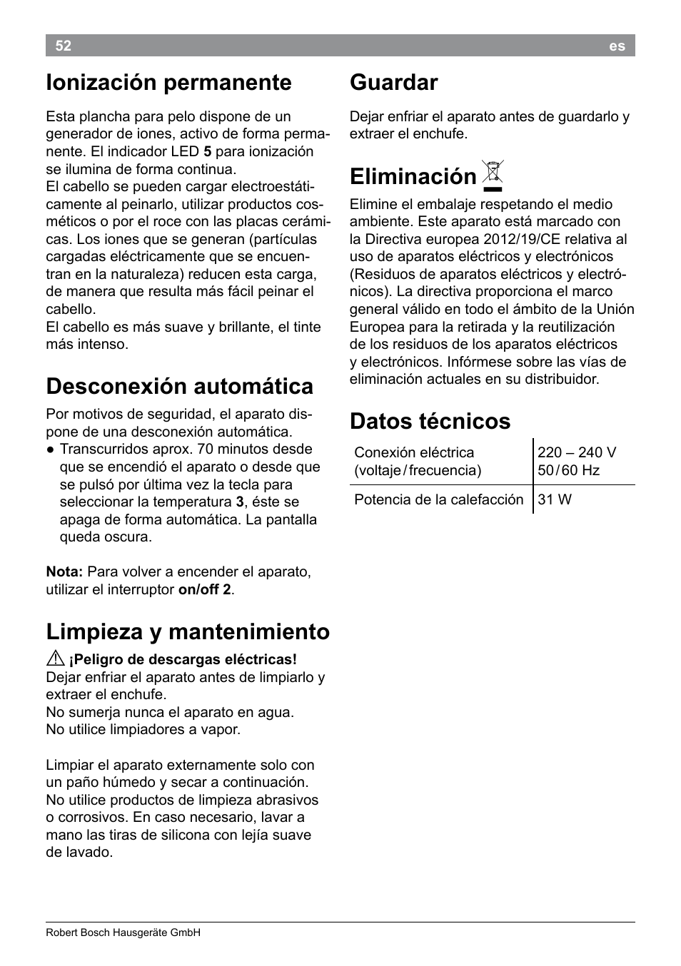 Ionización permanente, Desconexión automática, Limpieza y mantenimiento | Guardar, Eliminación, Datos técnicos | Bosch PHS9460 Haarglätter ProSalon SleekStylist User Manual | Page 54 / 116