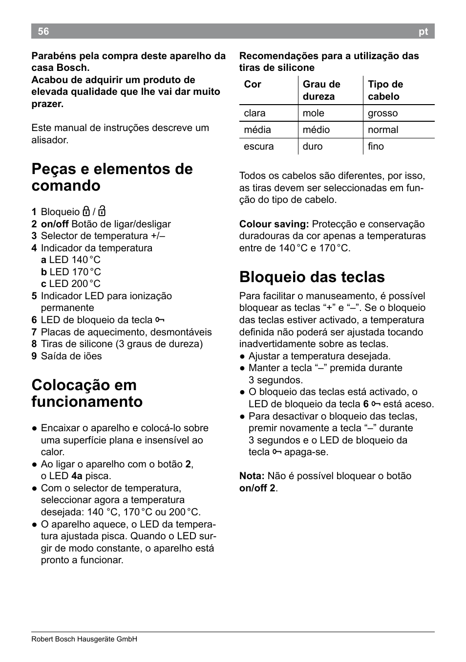 Peças e elementos de comando, Colocação em funcionamento, Bloqueio das teclas | Bosch PHS9460 Haarglätter ProSalon SleekStylist User Manual | Page 58 / 116