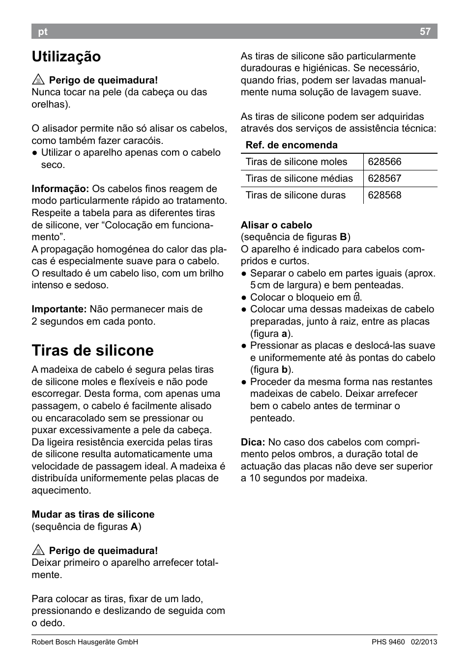 Tiras de silicone, Utilização | Bosch PHS9460 Haarglätter ProSalon SleekStylist User Manual | Page 59 / 116