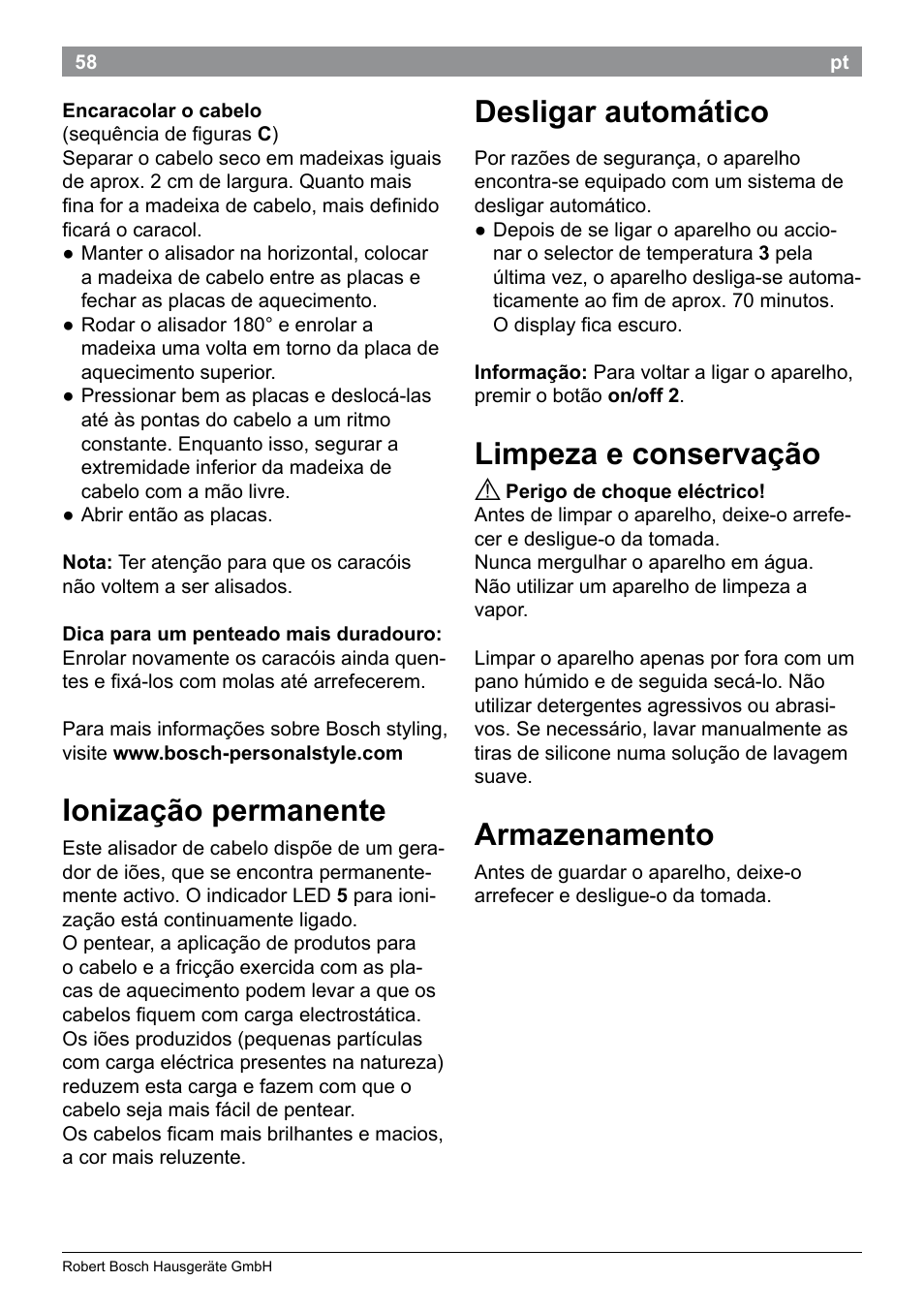 Ionização permanente, Desligar automático, Limpeza e conservação | Armazenamento | Bosch PHS9460 Haarglätter ProSalon SleekStylist User Manual | Page 60 / 116