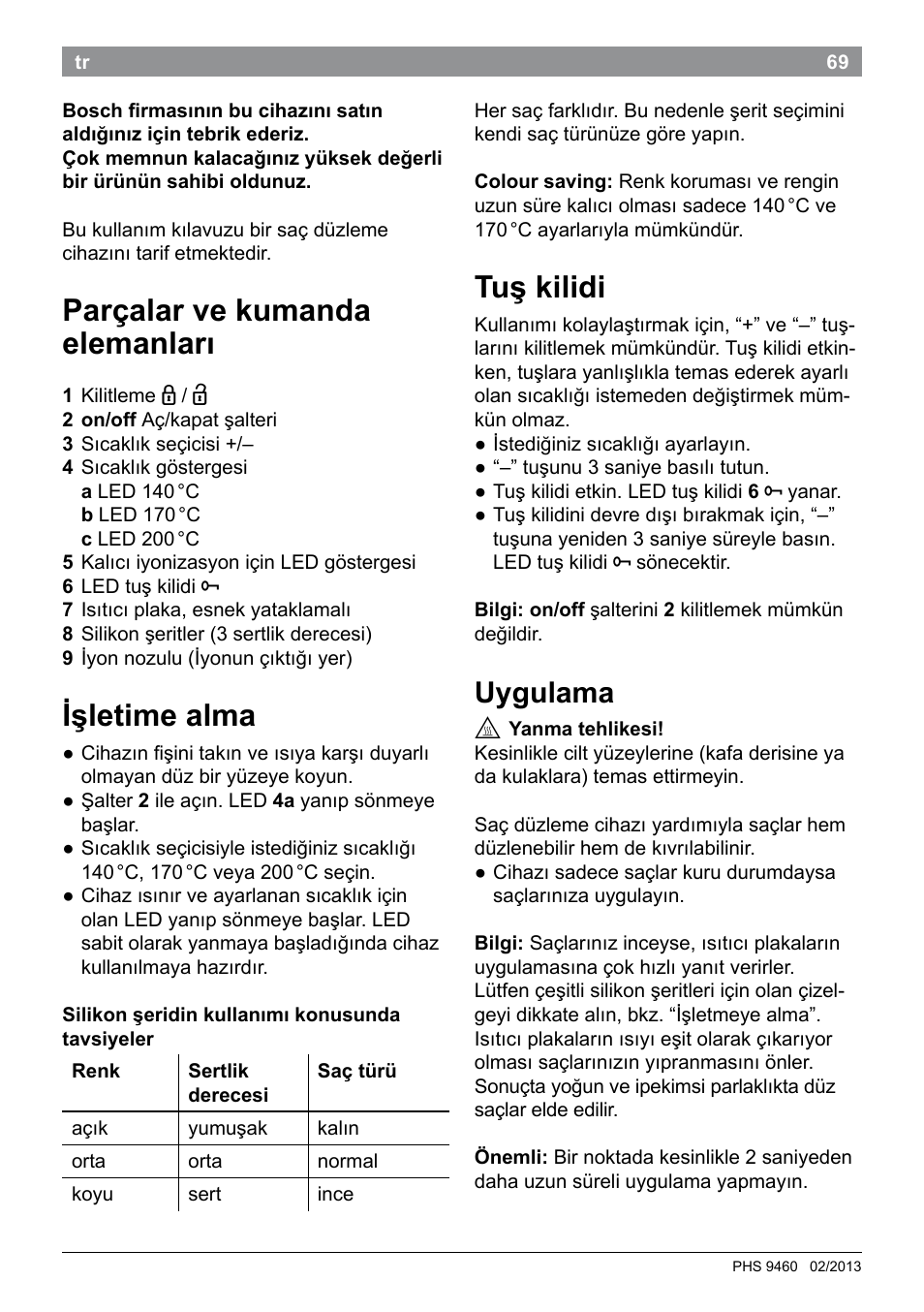 Parçalar ve kumanda elemanları, Işletime alma, Tuş kilidi | Uygulama | Bosch PHS9460 Haarglätter ProSalon SleekStylist User Manual | Page 71 / 116