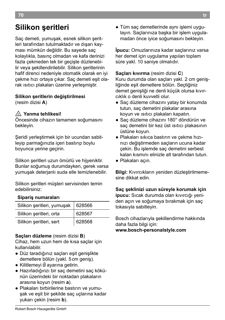 Silikon şeritleri | Bosch PHS9460 Haarglätter ProSalon SleekStylist User Manual | Page 72 / 116