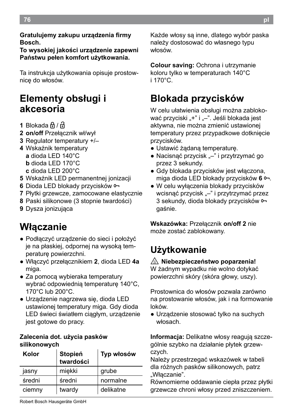 Elementy obsługi i akcesoria, Włączanie, Blokada przycisków | Użytkowanie | Bosch PHS9460 Haarglätter ProSalon SleekStylist User Manual | Page 78 / 116